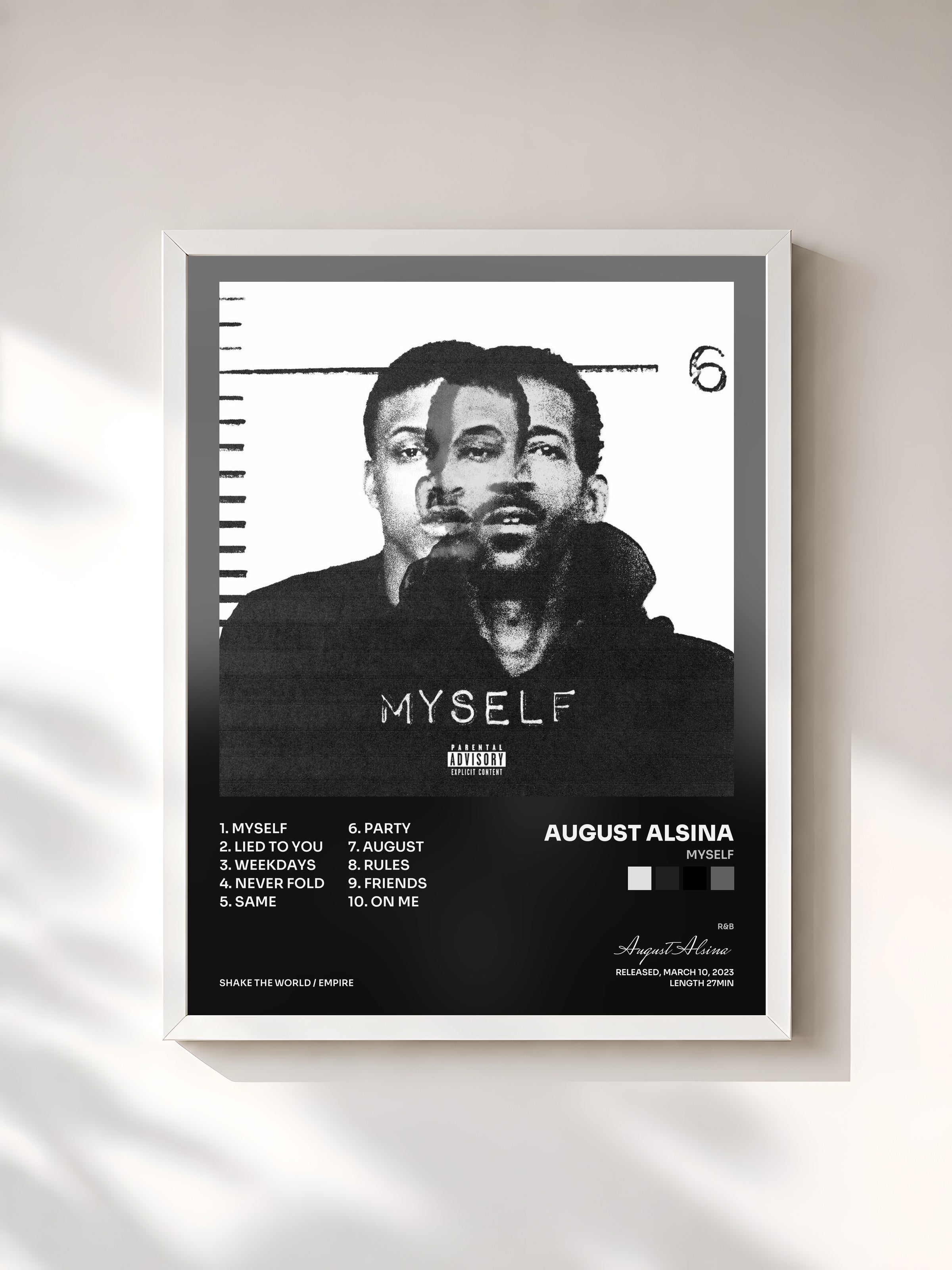 #blanc Tableau de l'album Myself de August Alsina, cadre blanc, imprimé et encadré en France