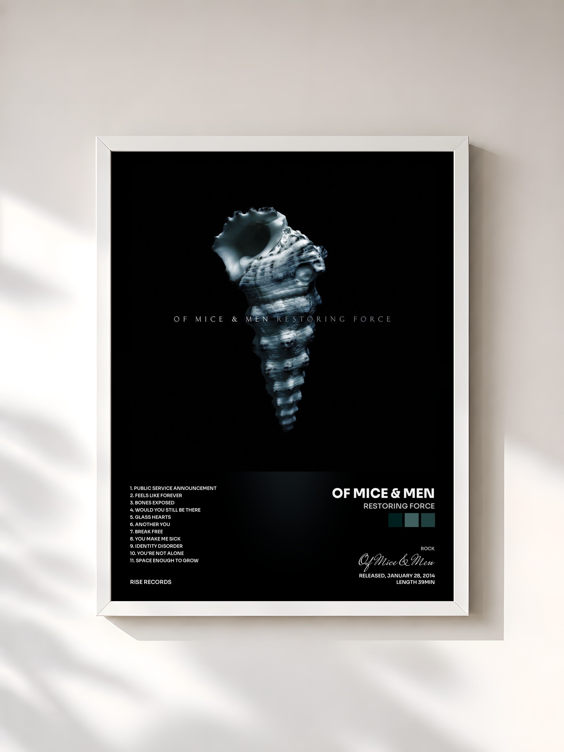 #blanc Tableau de l'album Restoring Force de Of Mice & Men, cadre blanc, imprimé et encadré en France
