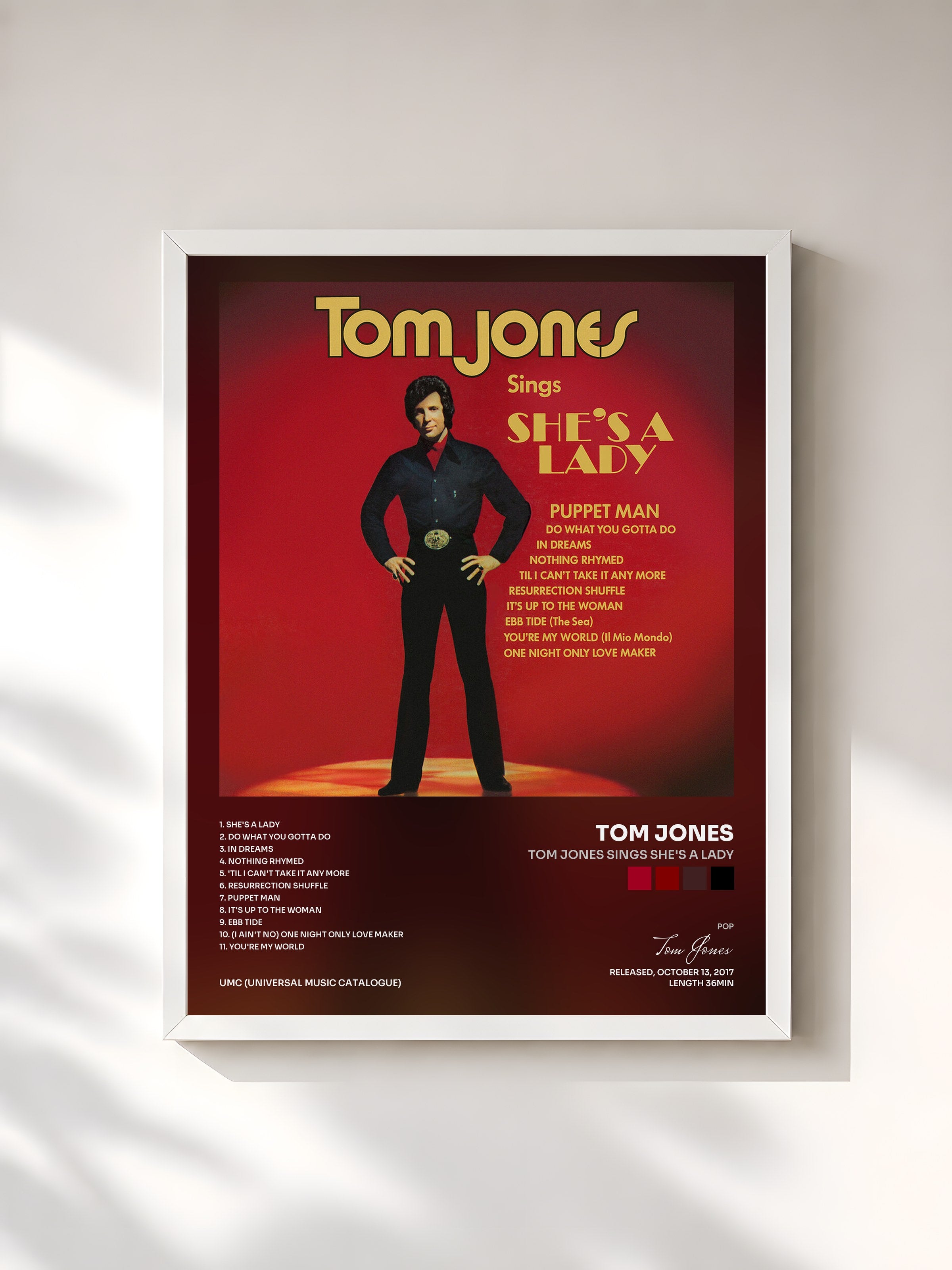 #blanc Tableau de l'album Tom Jones Sings She's A Lady de Tom Jones, cadre blanc, imprimé et encadré en France