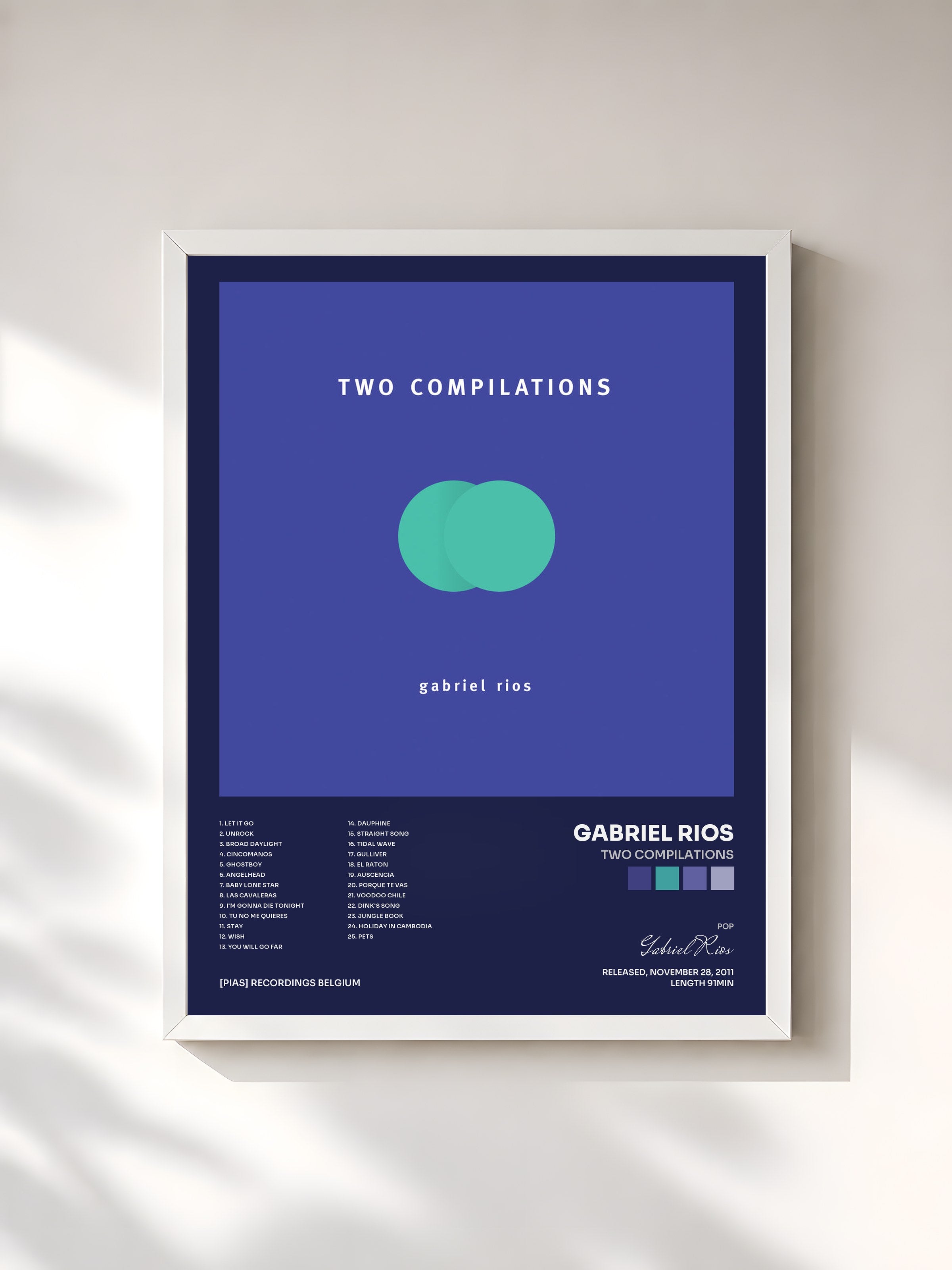 #blanc Tableau de l'album Two Compilations de Gabriel Rios, cadre blanc, imprimé et encadré en France