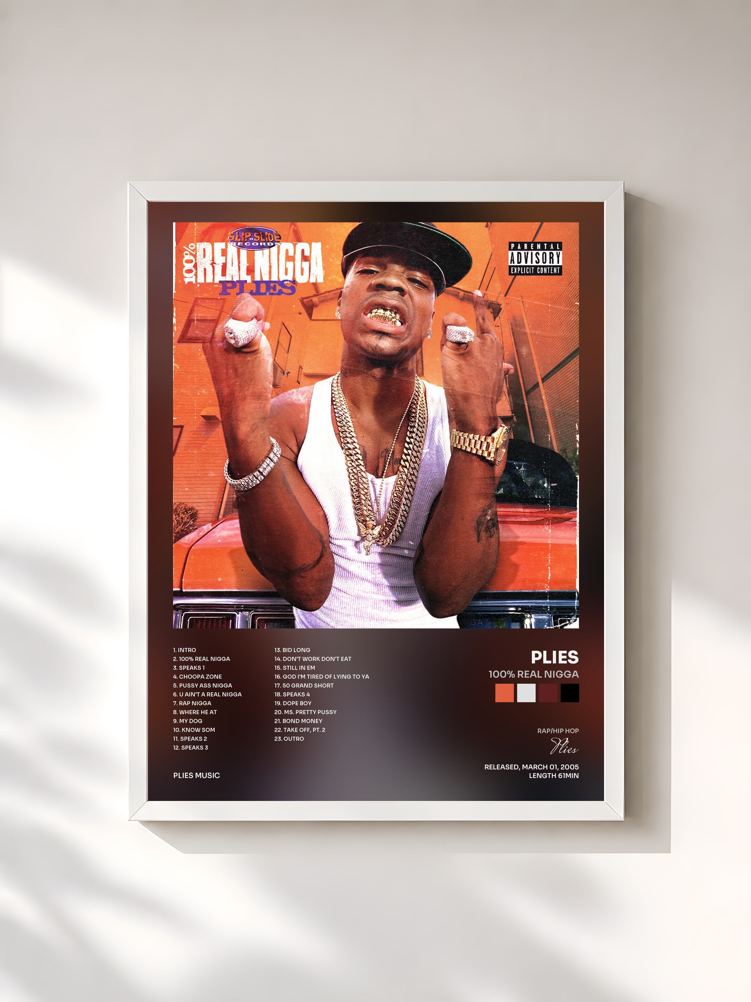 #blanc Tableau de l'album 100% Real Nigga de Plies, cadre blanc, imprimé et encadré en France