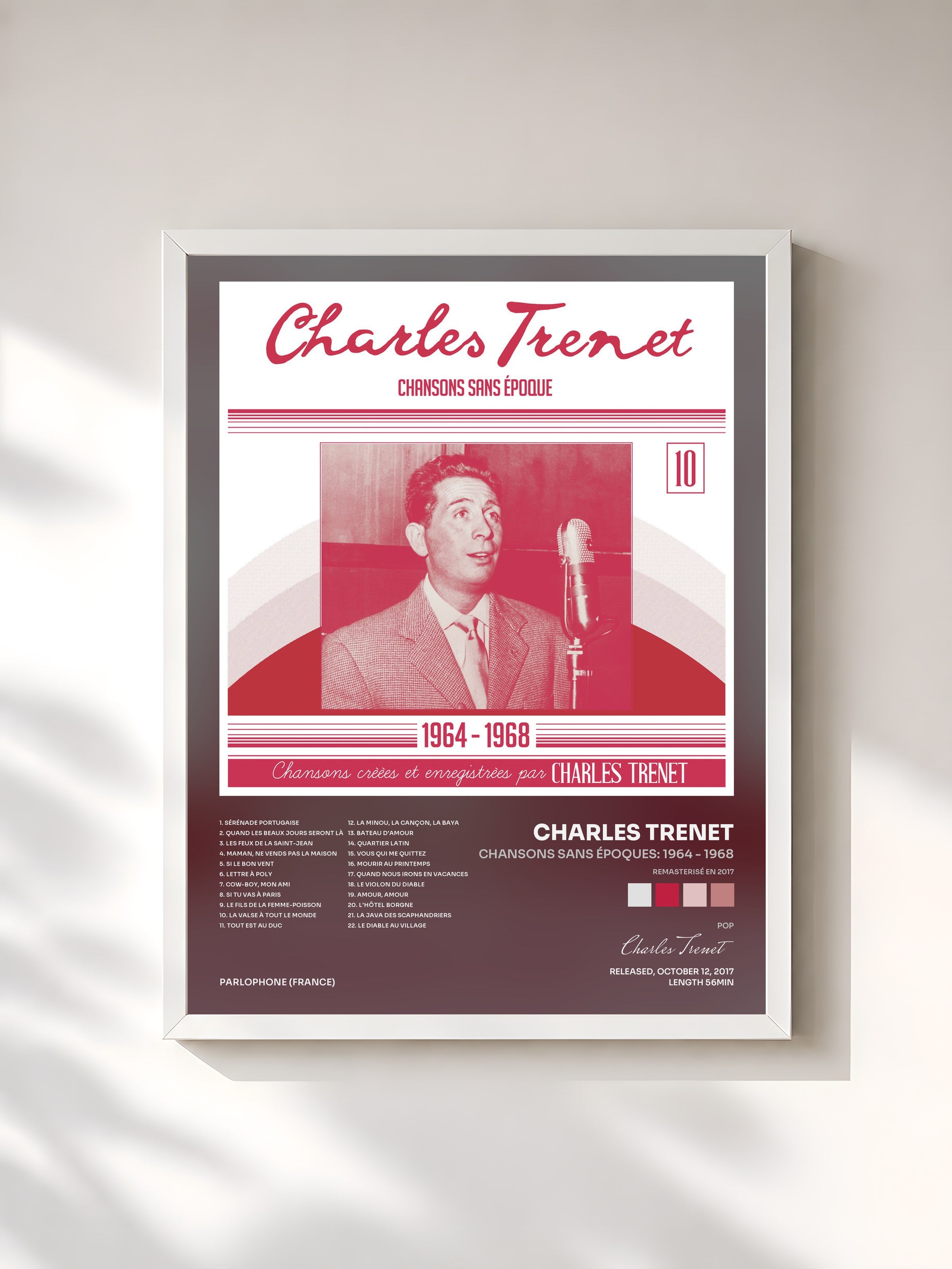 #blanc Tableau de l'album Chansons sans époques: 1964 - 1968 (Remasterisé en 2017) de Charles Trenet, cadre blanc, imprimé et encadré en France