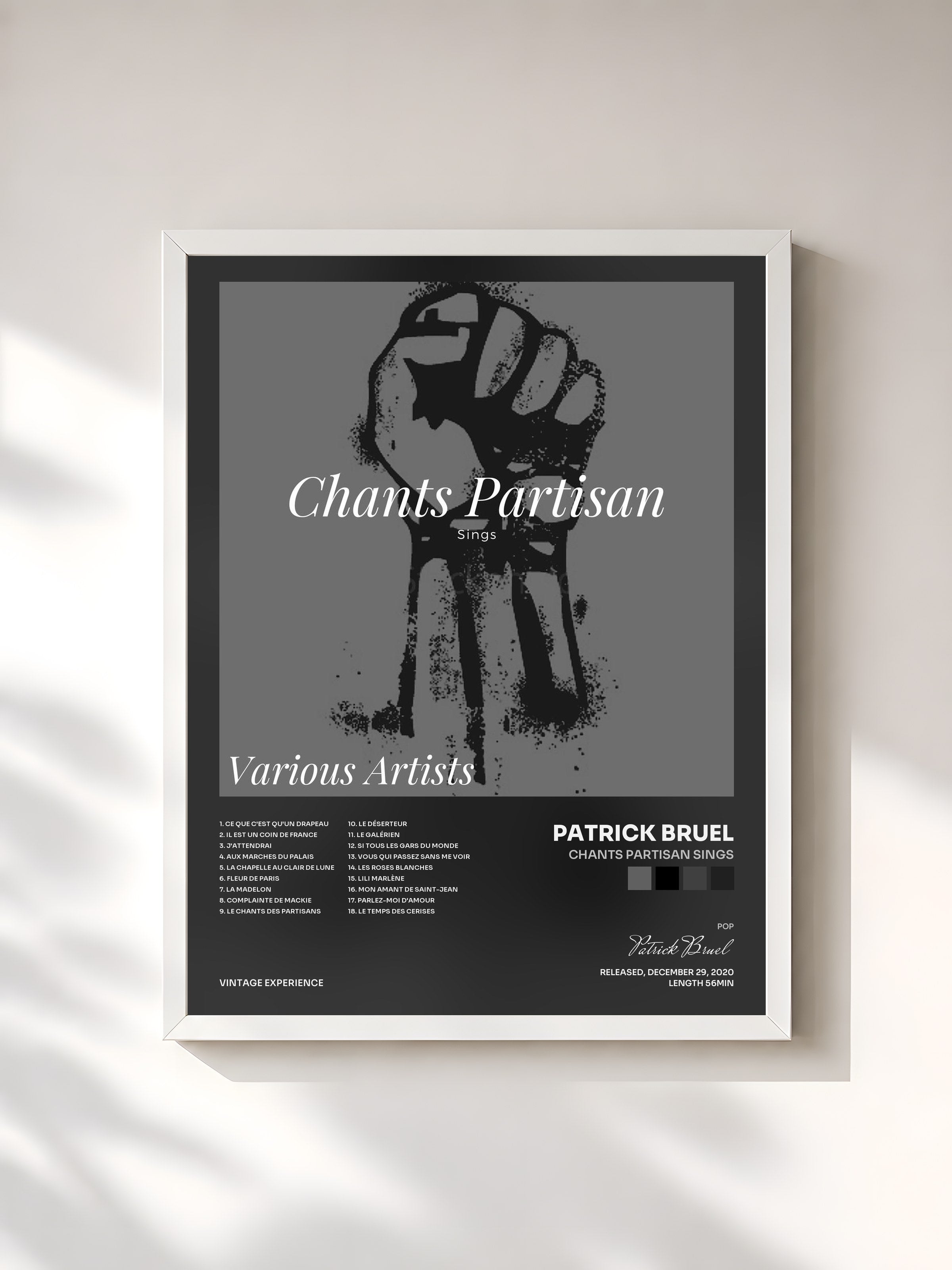 #blanc Tableau de l'album Chants Partisan Sings de Patrick Bruel, cadre blanc, imprimé et encadré en France