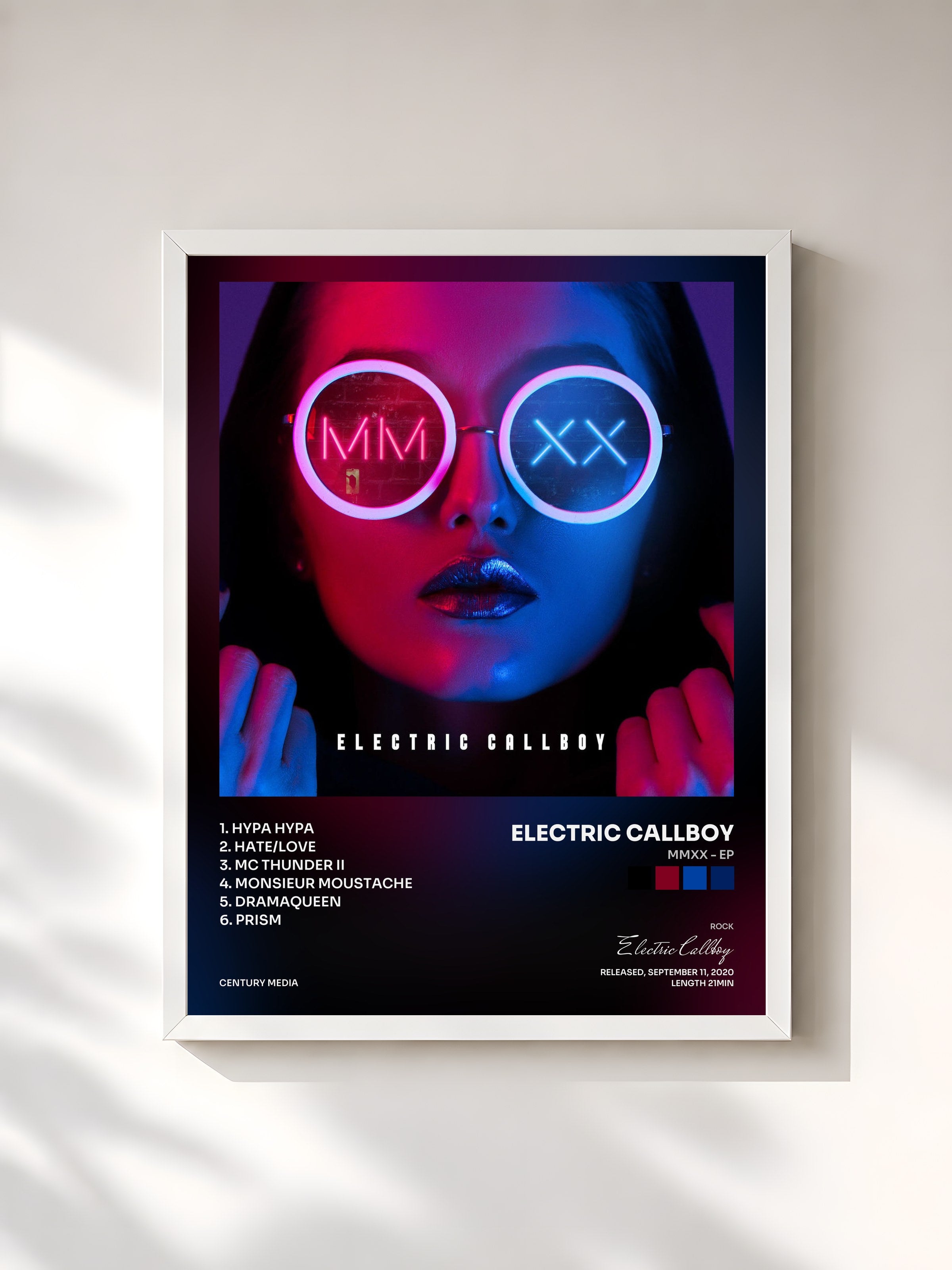 #blanc Tableau de l'album MMXX - EP de Electric Callboy, cadre blanc, imprimé et encadré en France