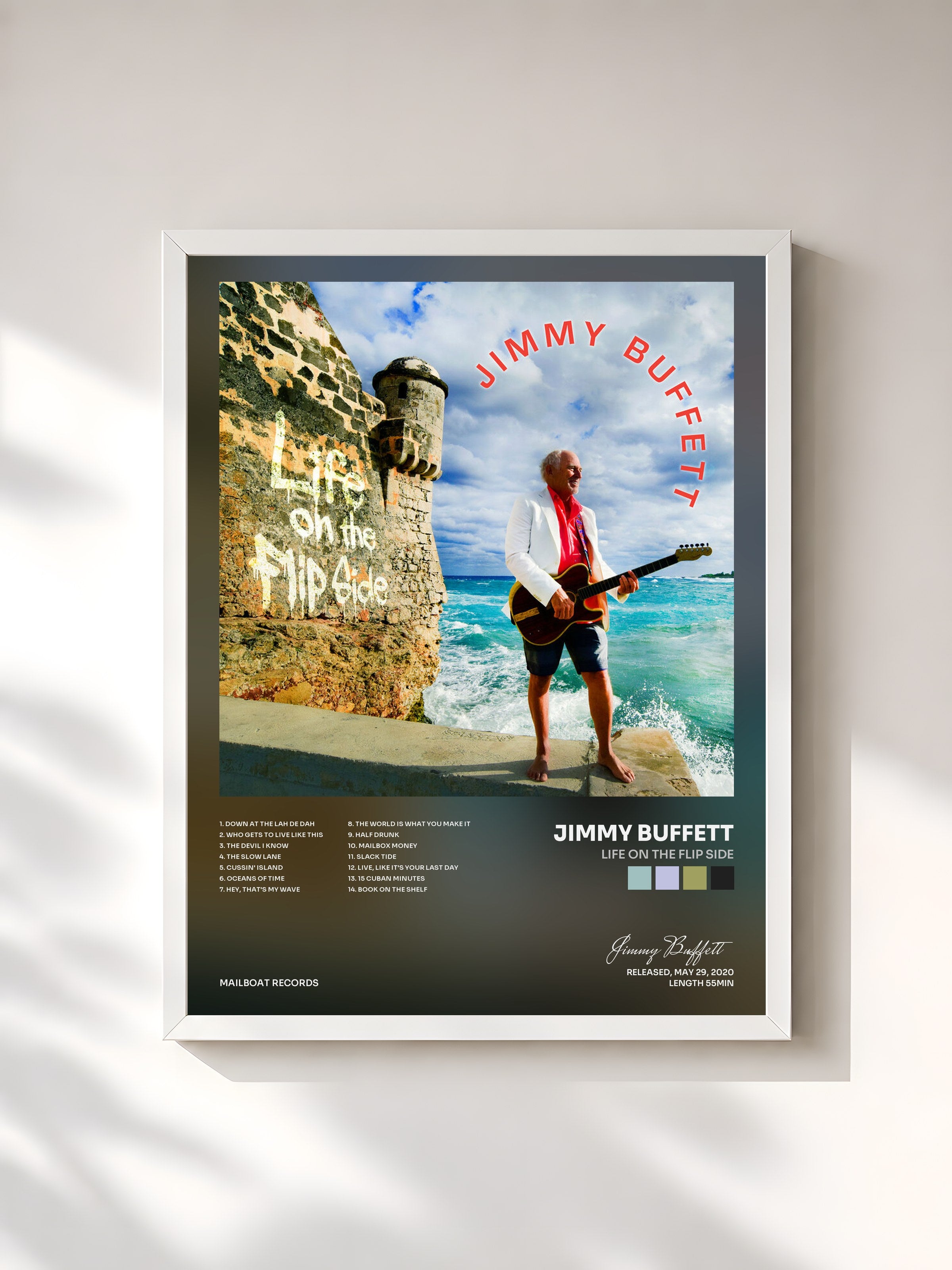 #blanc Tableau de l'album Life On the Flip Side de Jimmy Buffett, cadre blanc, imprimé et encadré en France