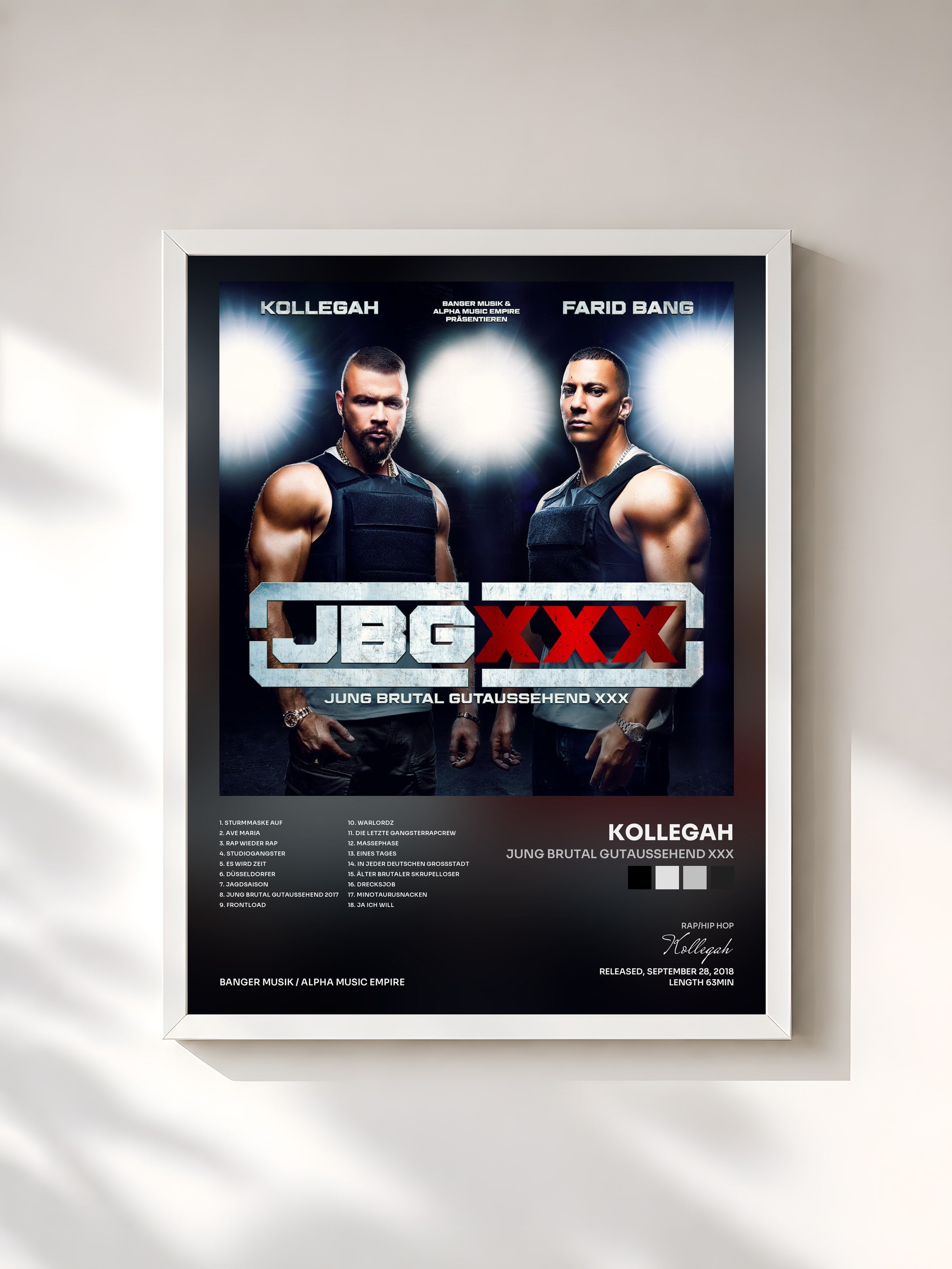 #blanc Tableau de l'album Jung Brutal Gutaussehend XXX de Kollegah, cadre blanc, imprimé et encadré en France