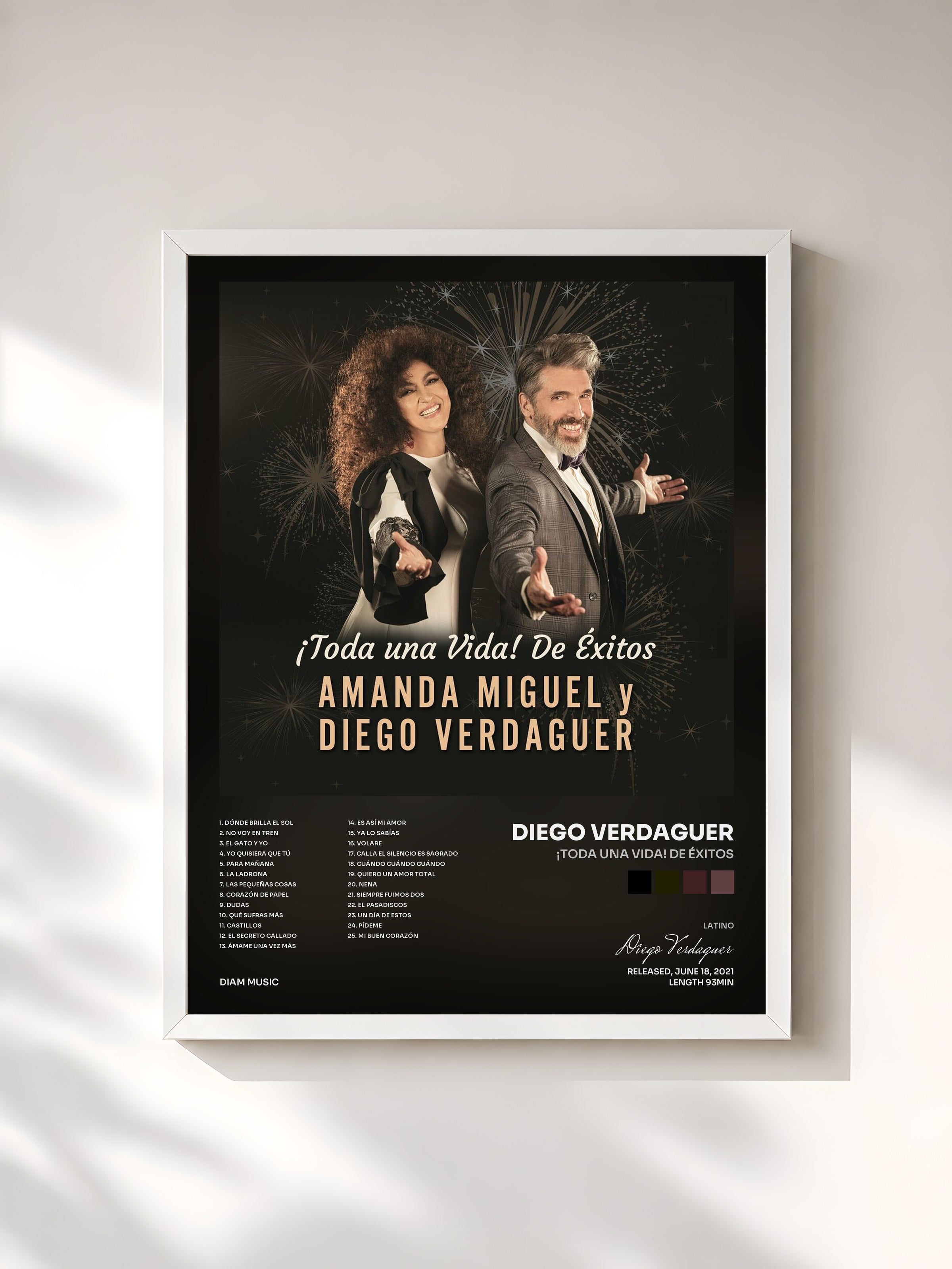 #blanc Tableau de l'album ¡Toda Una Vida! De Éxitos de Diego Verdaguer, cadre blanc, imprimé et encadré en France
