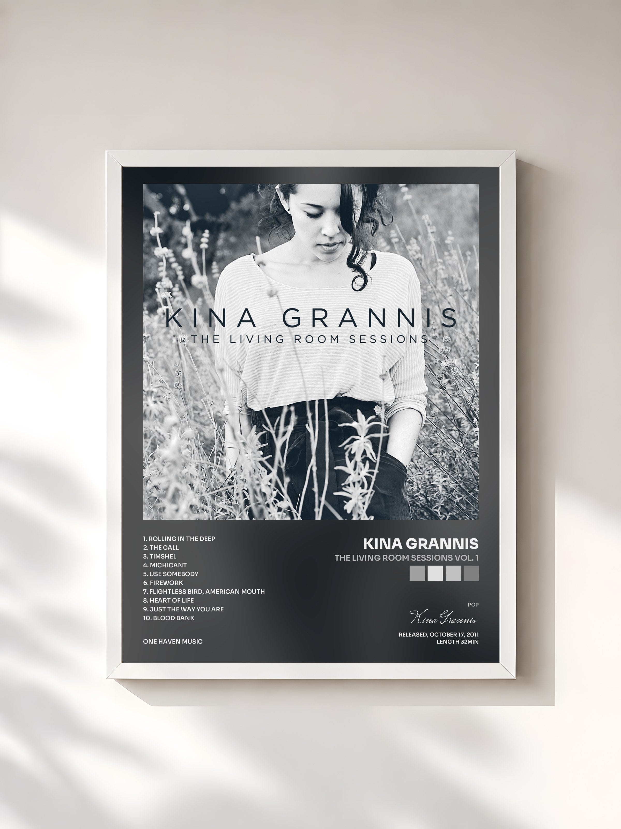 #blanc Tableau de l'album The Living Room Sessions Vol. 1 de Kina Grannis, cadre blanc, imprimé et encadré en France