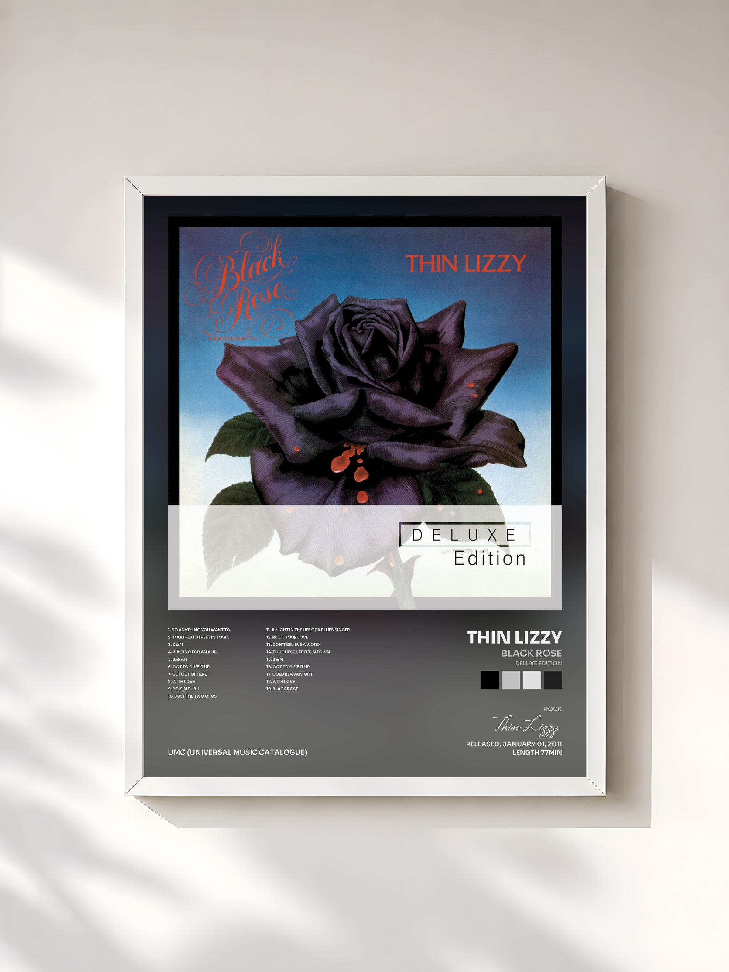 #blanc Tableau de l'album Black Rose (Deluxe Edition) de Thin Lizzy, cadre blanc, imprimé et encadré en France