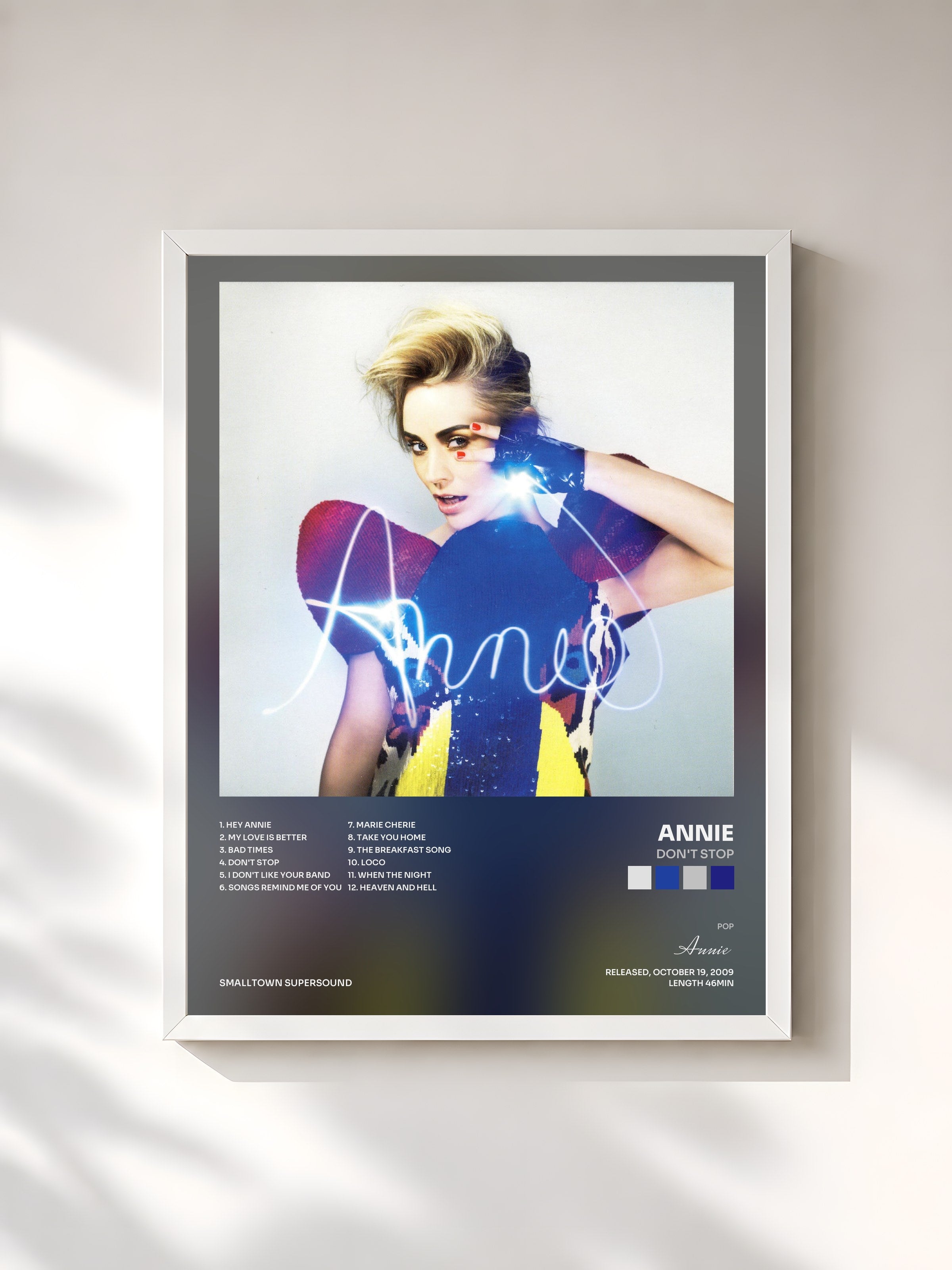 #blanc Tableau de l'album Don't Stop de Annie, cadre blanc, imprimé et encadré en France
