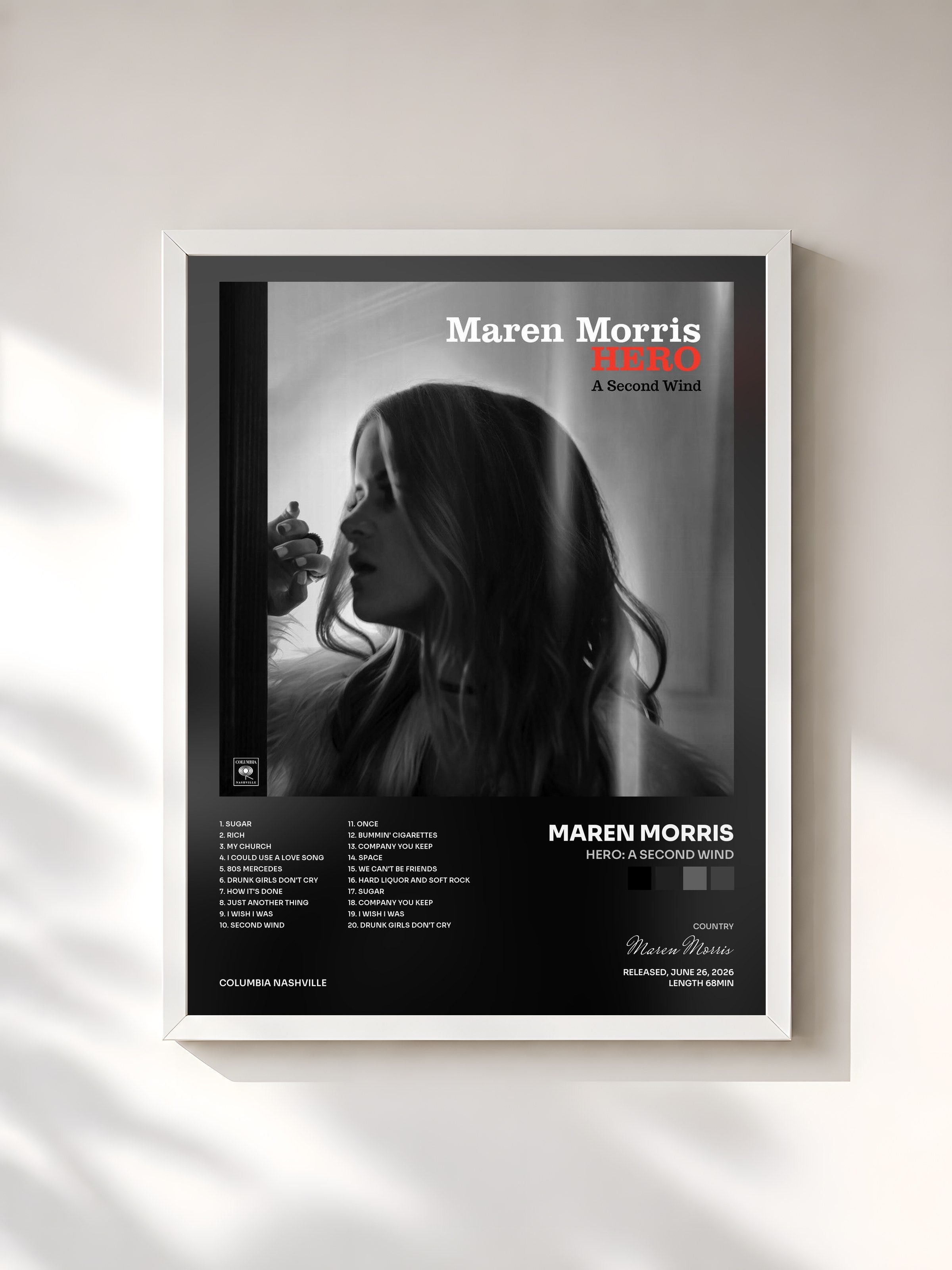 #blanc Tableau de l'album HERO: A Second Wind de Maren Morris, cadre blanc, imprimé et encadré en France