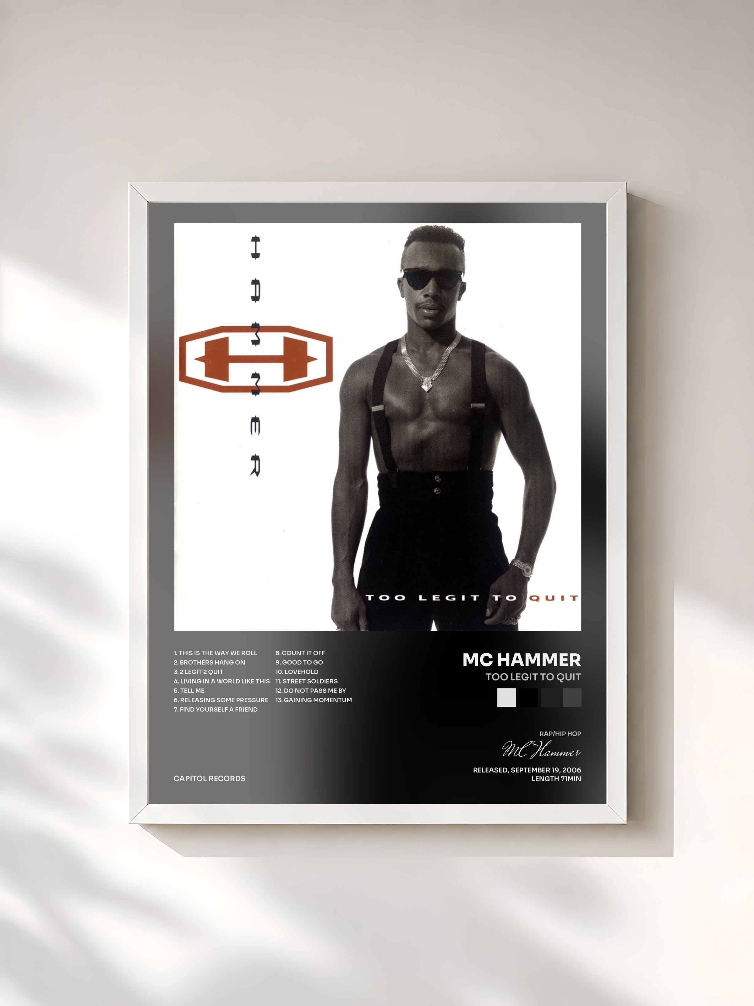 #blanc Tableau de l'album Too Legit To Quit de MC Hammer, cadre blanc, imprimé et encadré en France
