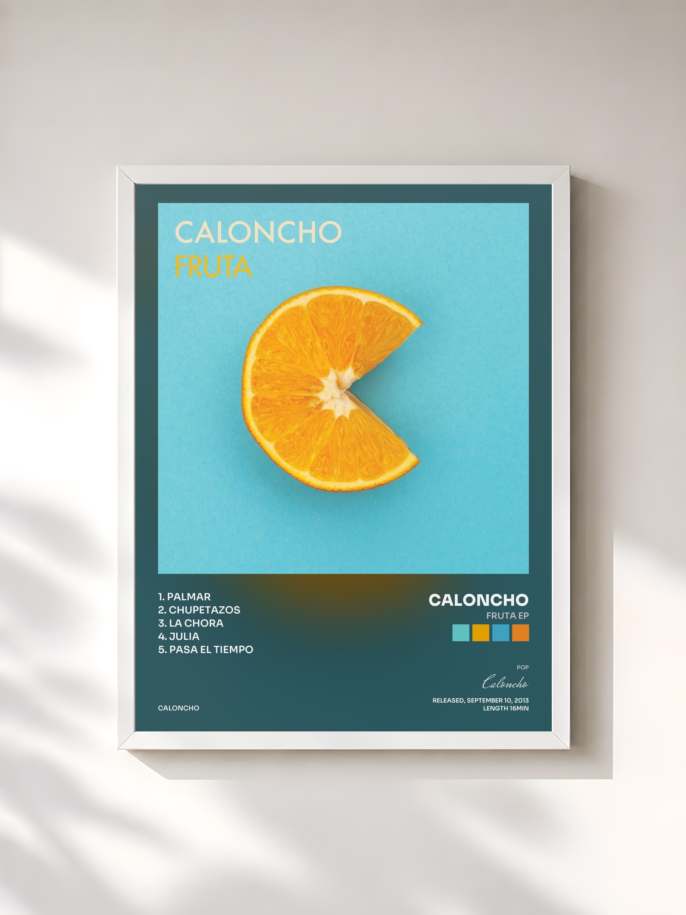 #blanc Tableau de l'album Fruta EP de Caloncho, cadre blanc, imprimé et encadré en France