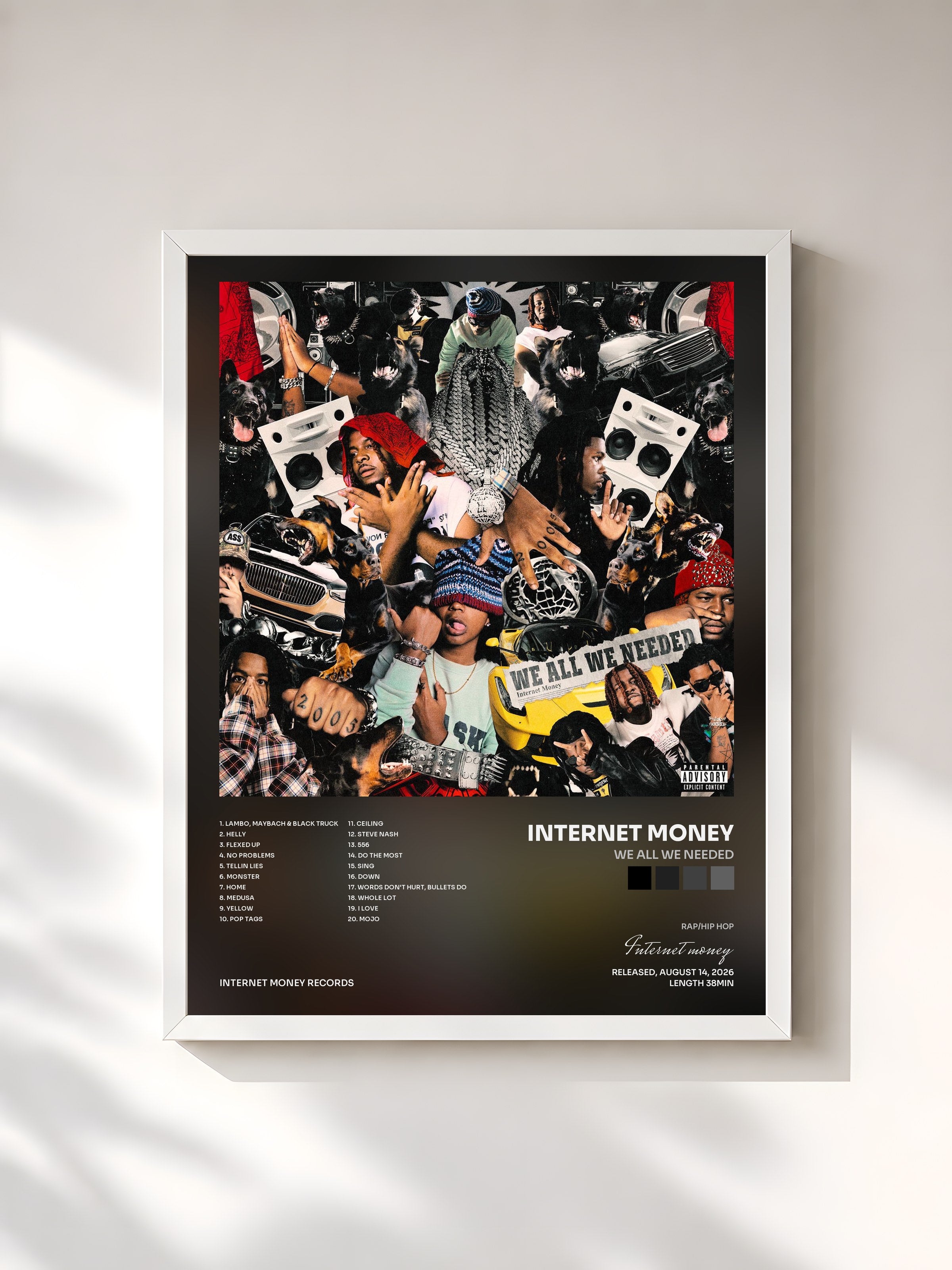 #blanc Tableau de l'album WE ALL WE NEEDED de Internet money, cadre blanc, imprimé et encadré en France