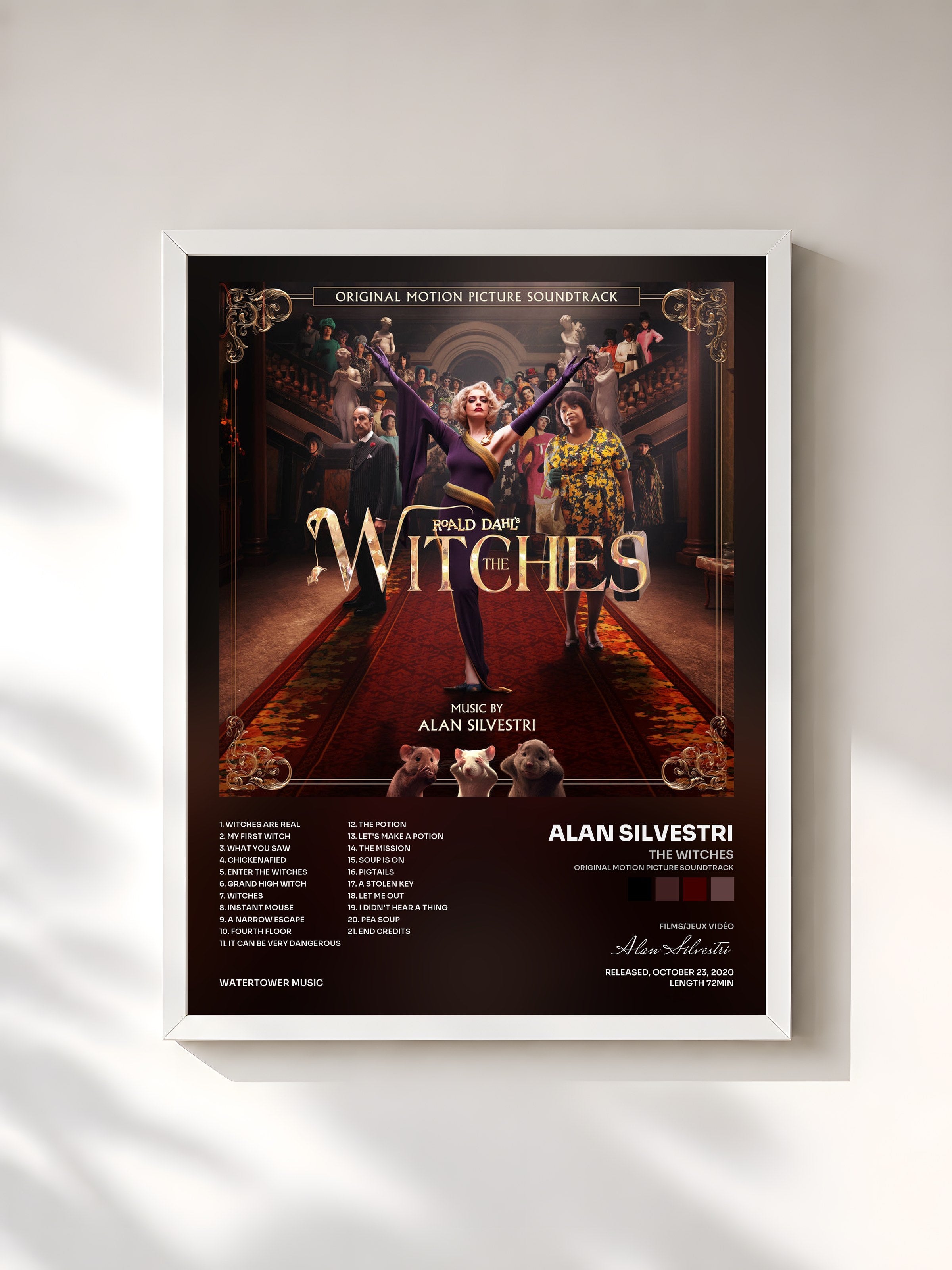 #blanc Tableau de l'album The Witches (Original Motion Picture Soundtrack) de Alan Silvestri, cadre blanc, imprimé et encadré en France
