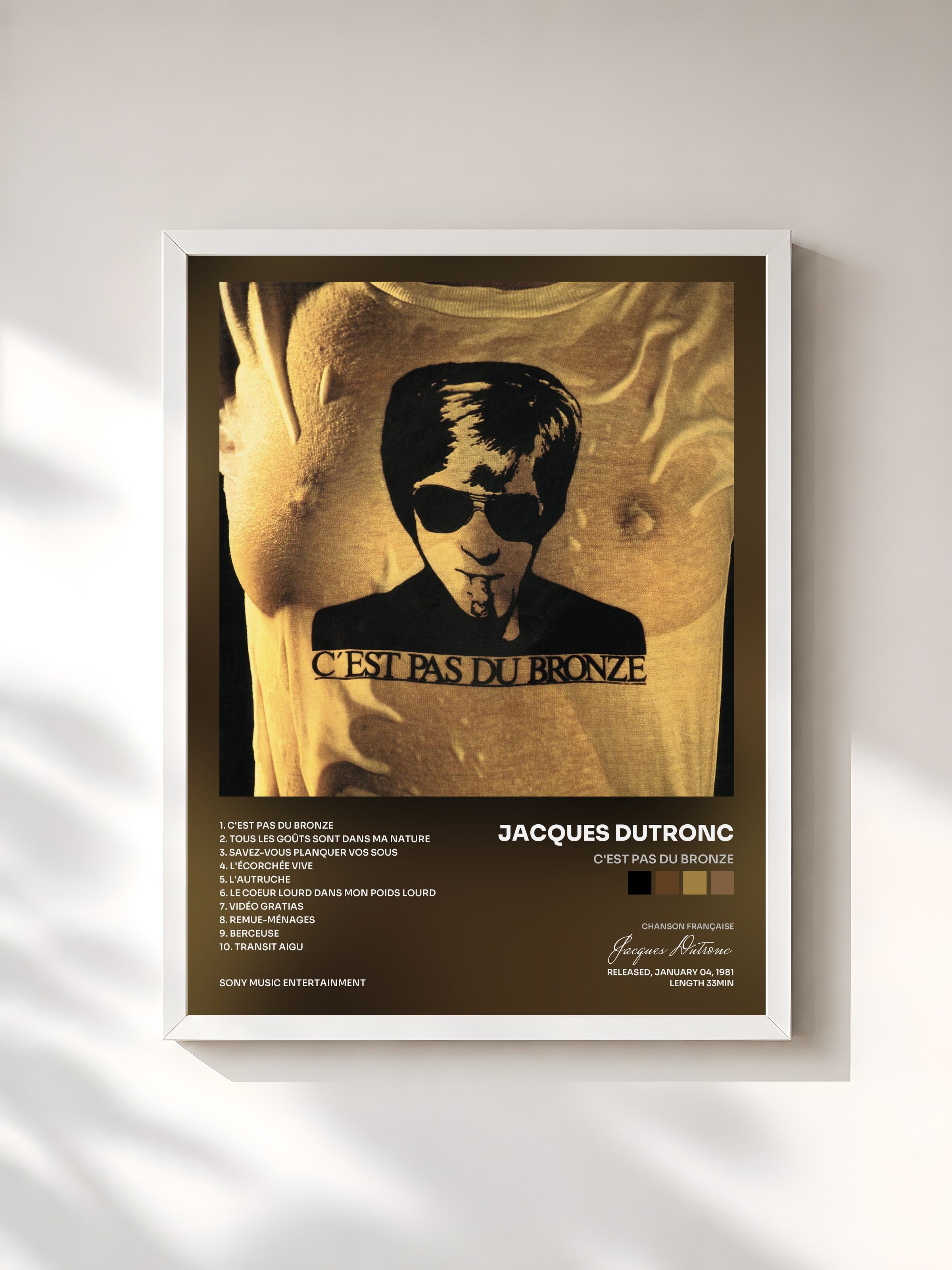 #blanc Tableau de l'album C'est pas du bronze de Jacques Dutronc, cadre blanc, imprimé et encadré en France