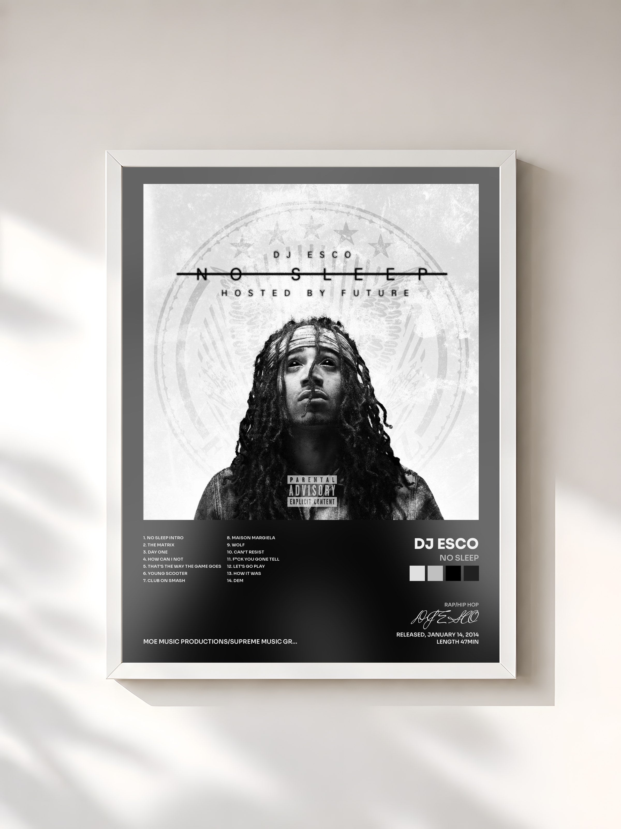 #blanc Tableau de l'album No Sleep de DJ ESCO, cadre blanc, imprimé et encadré en France