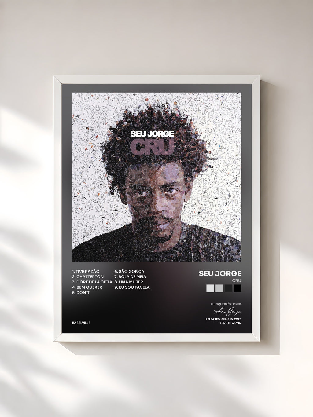#blanc Tableau de l'album Cru de Seu Jorge, cadre blanc, imprimé et encadré en France