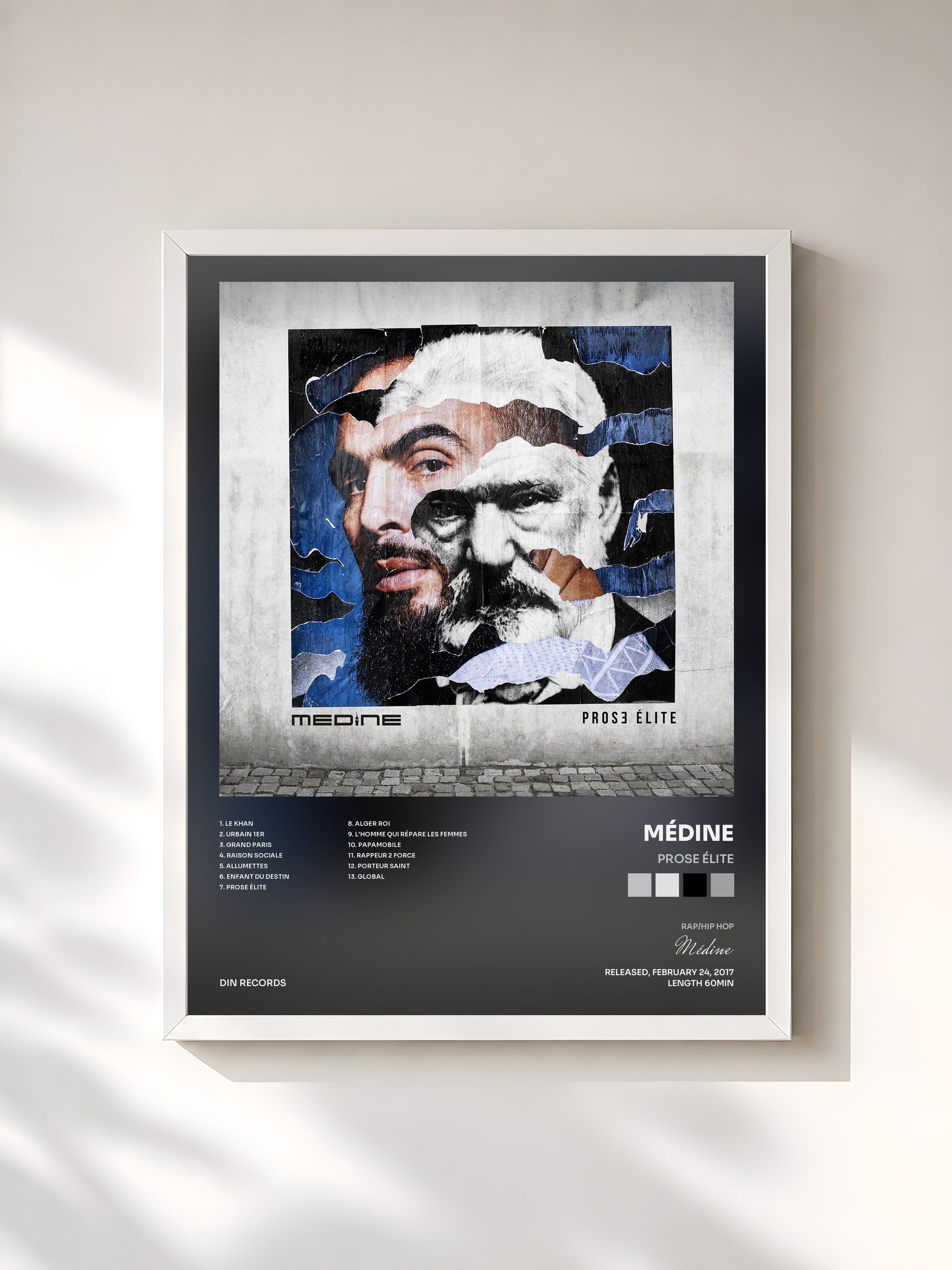 #blanc Tableau de l'album Prose élite de Médine, cadre blanc, imprimé et encadré en France
