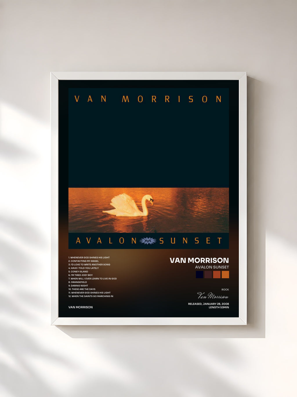 #blanc Avalon Sunset by Van Morrison as a framed art print, white frame, printed and framed in France