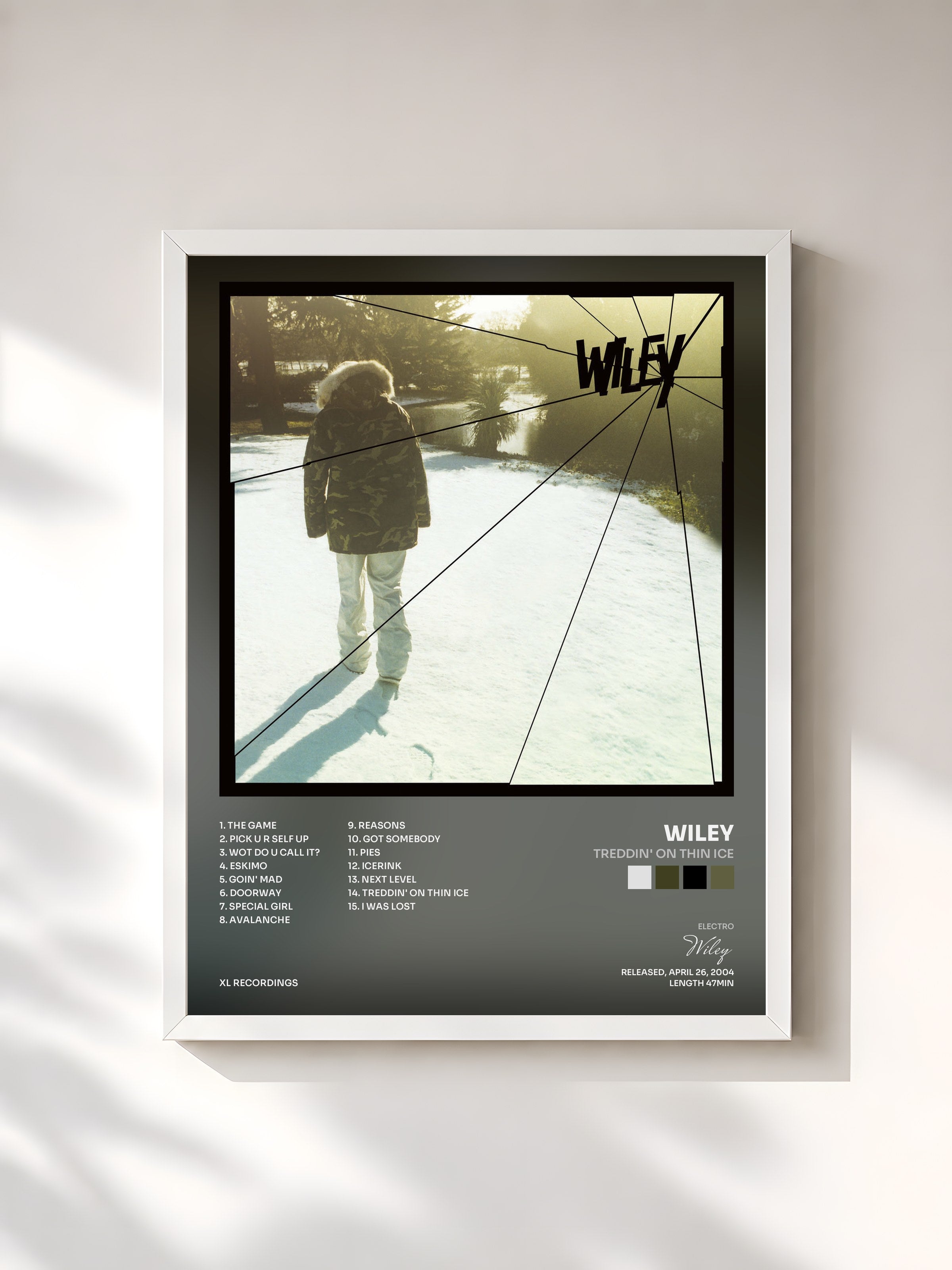 #blanc Tableau de l'album Treddin' On Thin Ice de Wiley, cadre blanc, imprimé et encadré en France