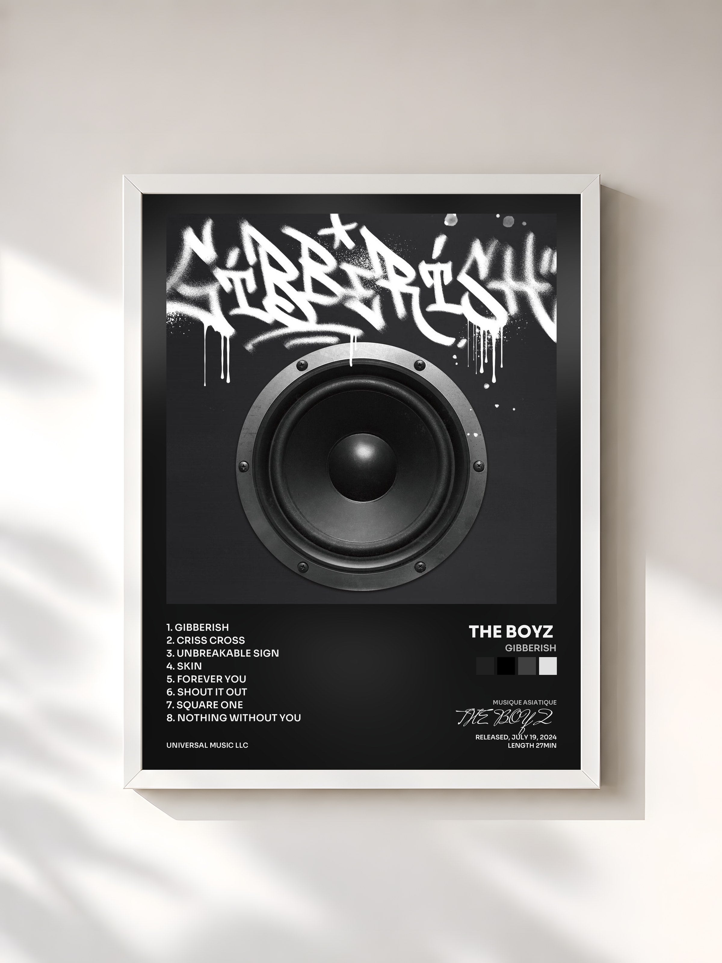 #blanc Tableau de l'album Gibberish de THE BOYZ , cadre blanc, imprimé et encadré en France