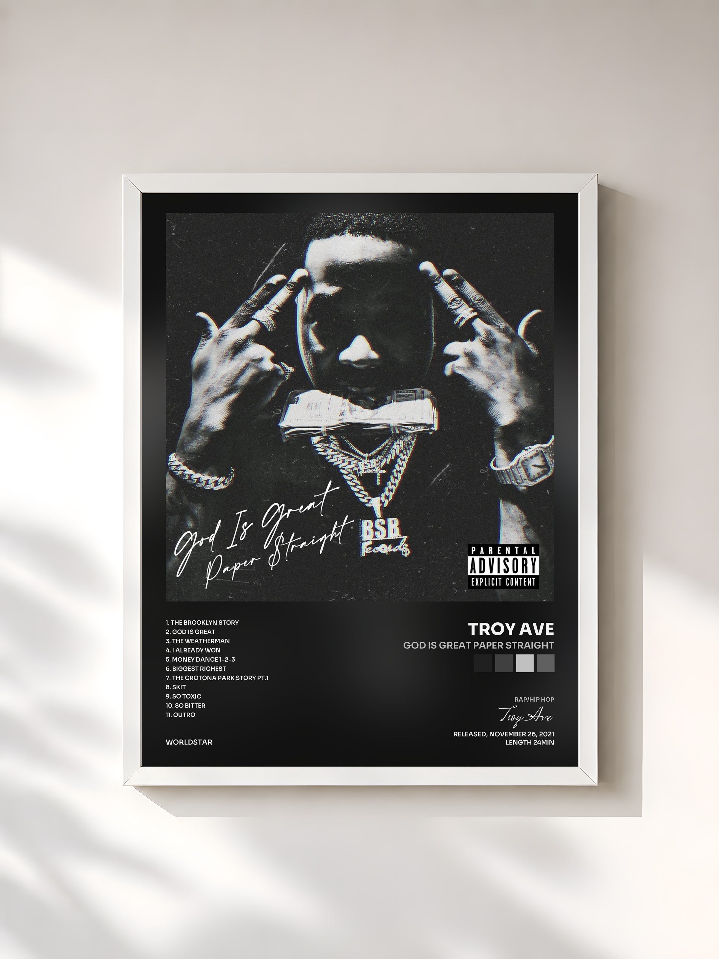 #blanc Tableau de l'album God Is Great Paper Straight de Troy Ave, cadre blanc, imprimé et encadré en France