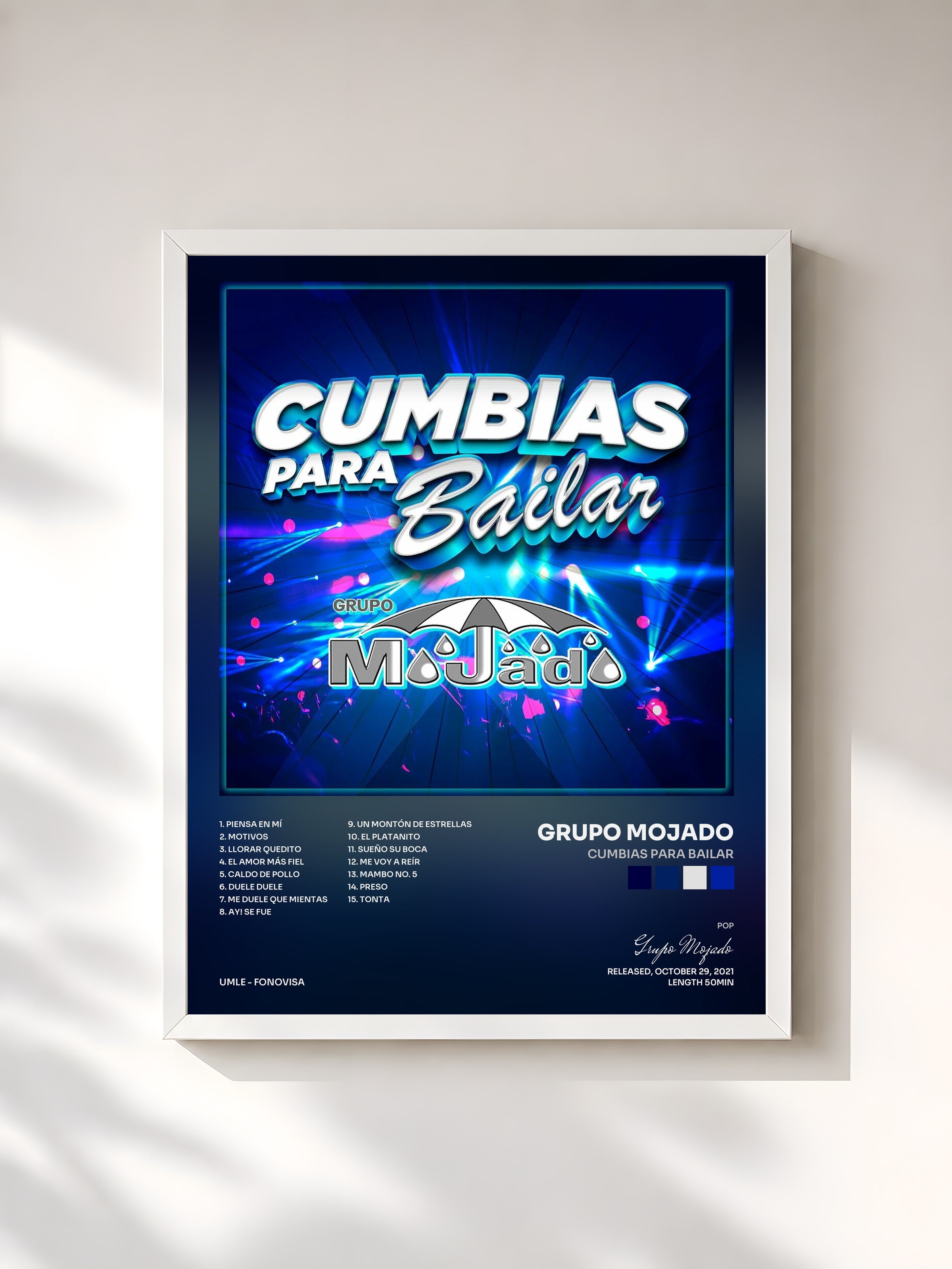 #blanc Tableau de l'album Cumbias Para Bailar de Grupo Mojado, cadre blanc, imprimé et encadré en France