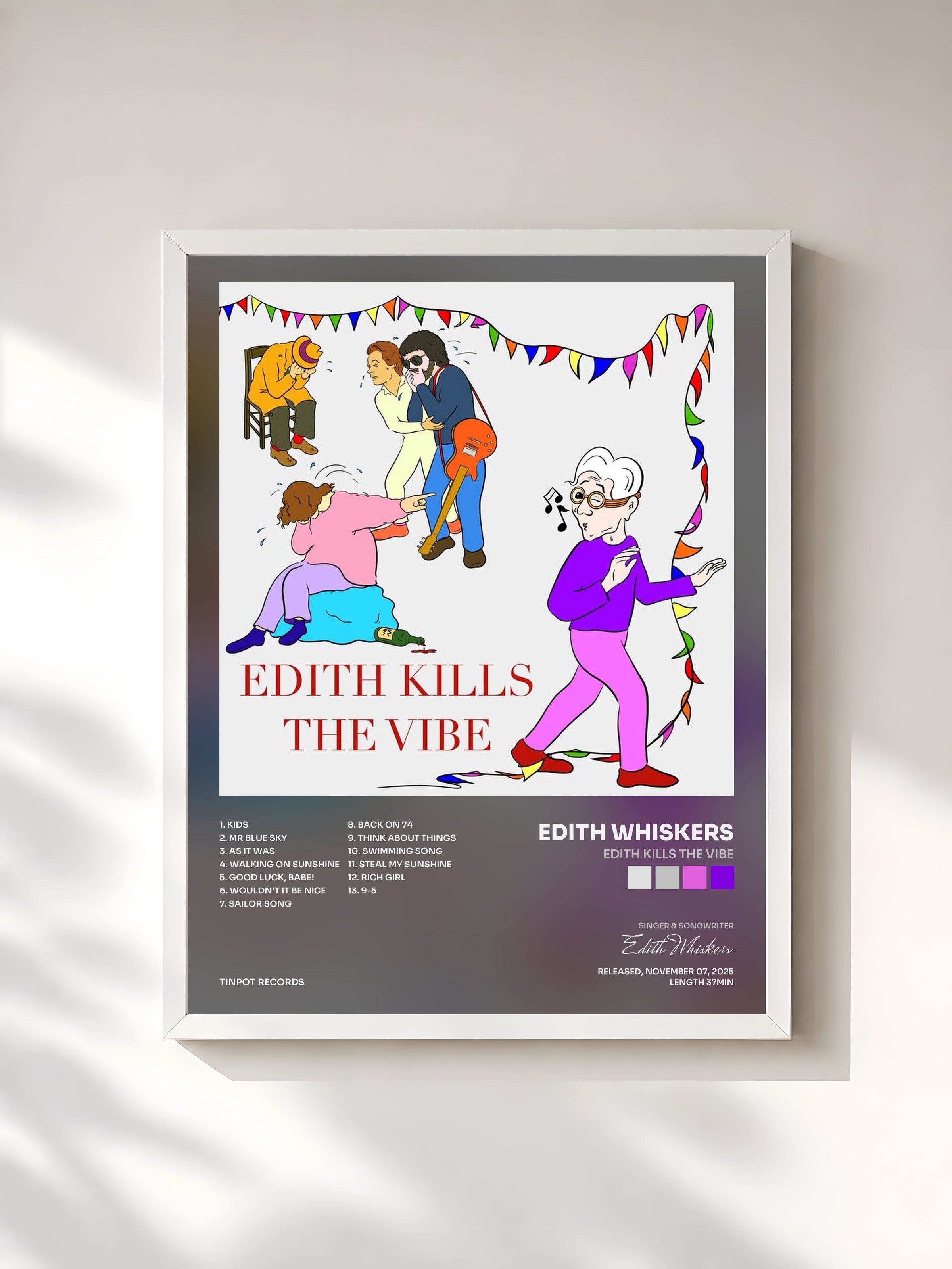 #blanc Tableau de l'album Edith Kills The Vibe de Edith Whiskers, cadre blanc, imprimé et encadré en France