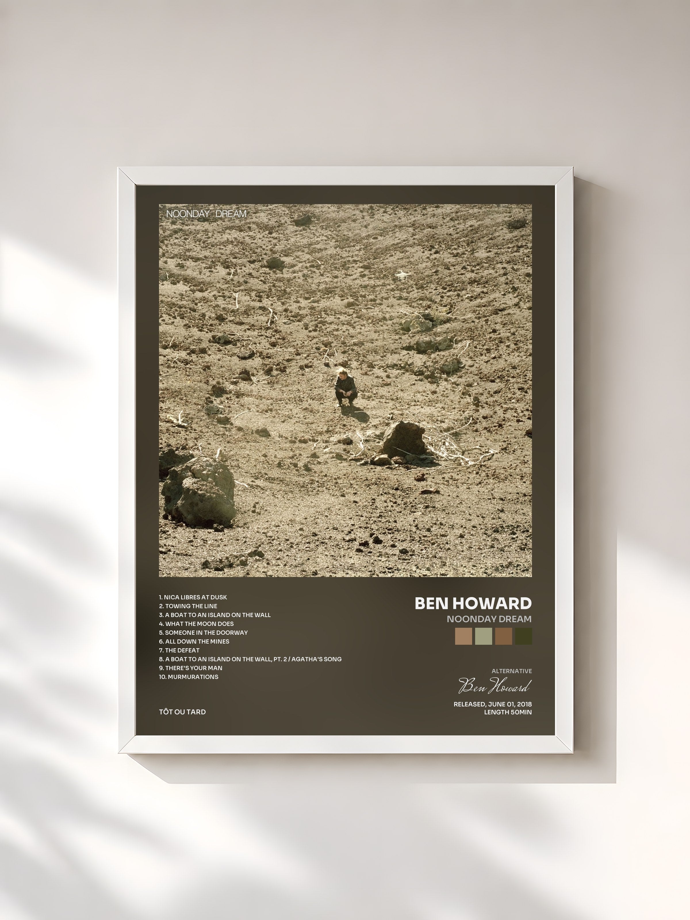 #blanc Tableau de l'album Noonday Dream de Ben Howard, cadre blanc, imprimé et encadré en France