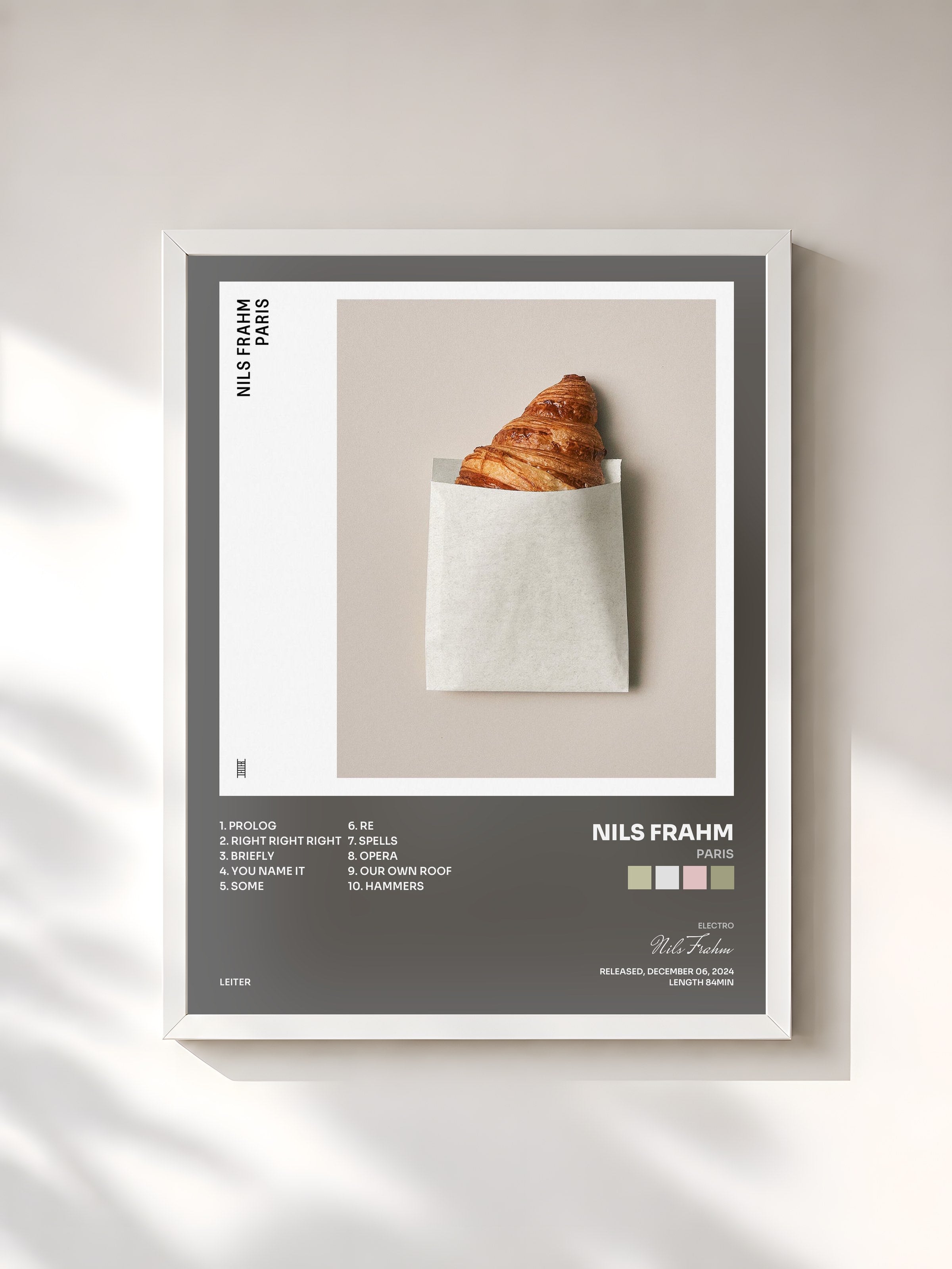 #blanc Tableau de l'album Paris de Nils Frahm, cadre blanc, imprimé et encadré en France