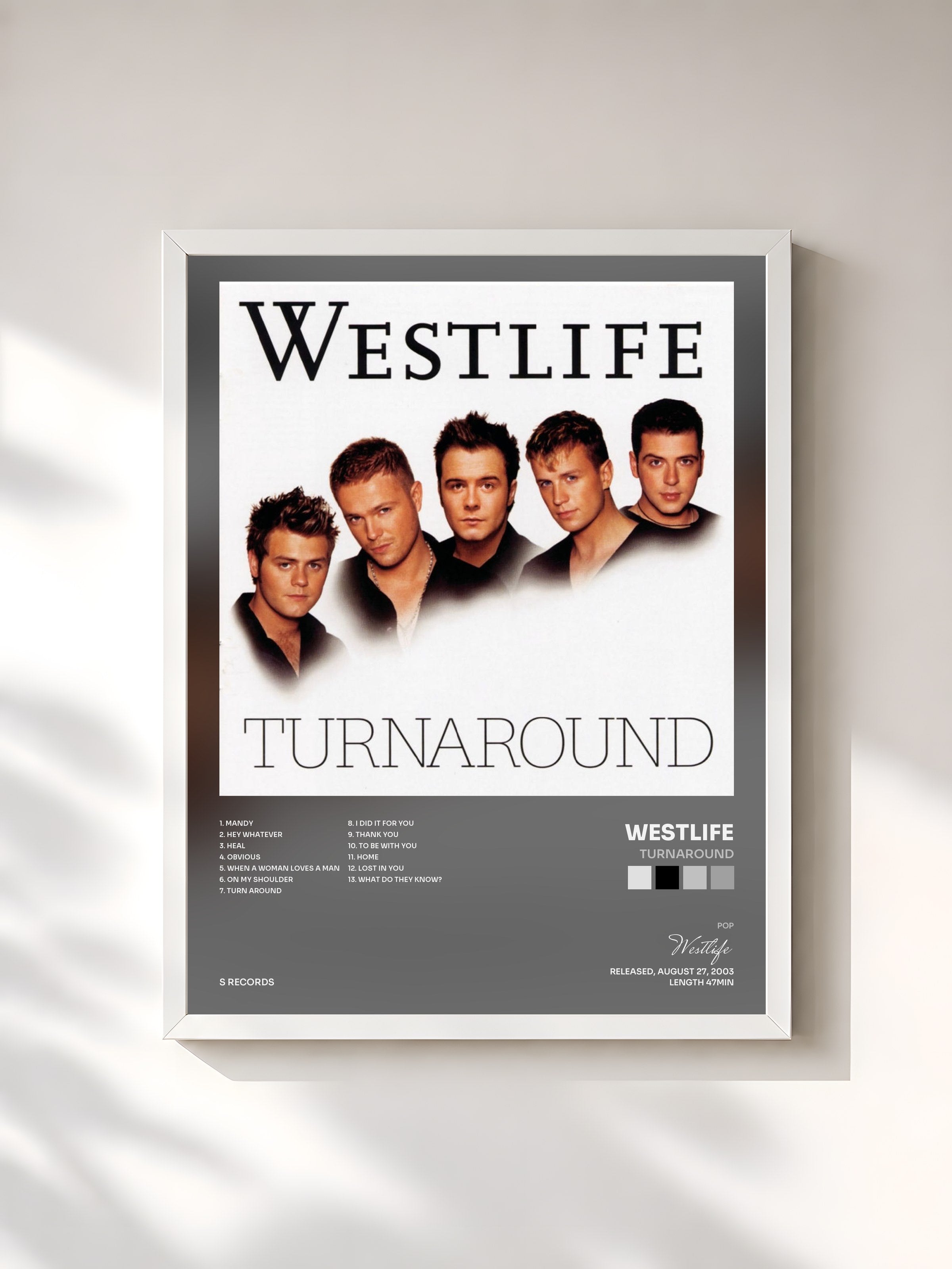 #blanc Tableau de l'album Turnaround de Westlife, cadre blanc, imprimé et encadré en France