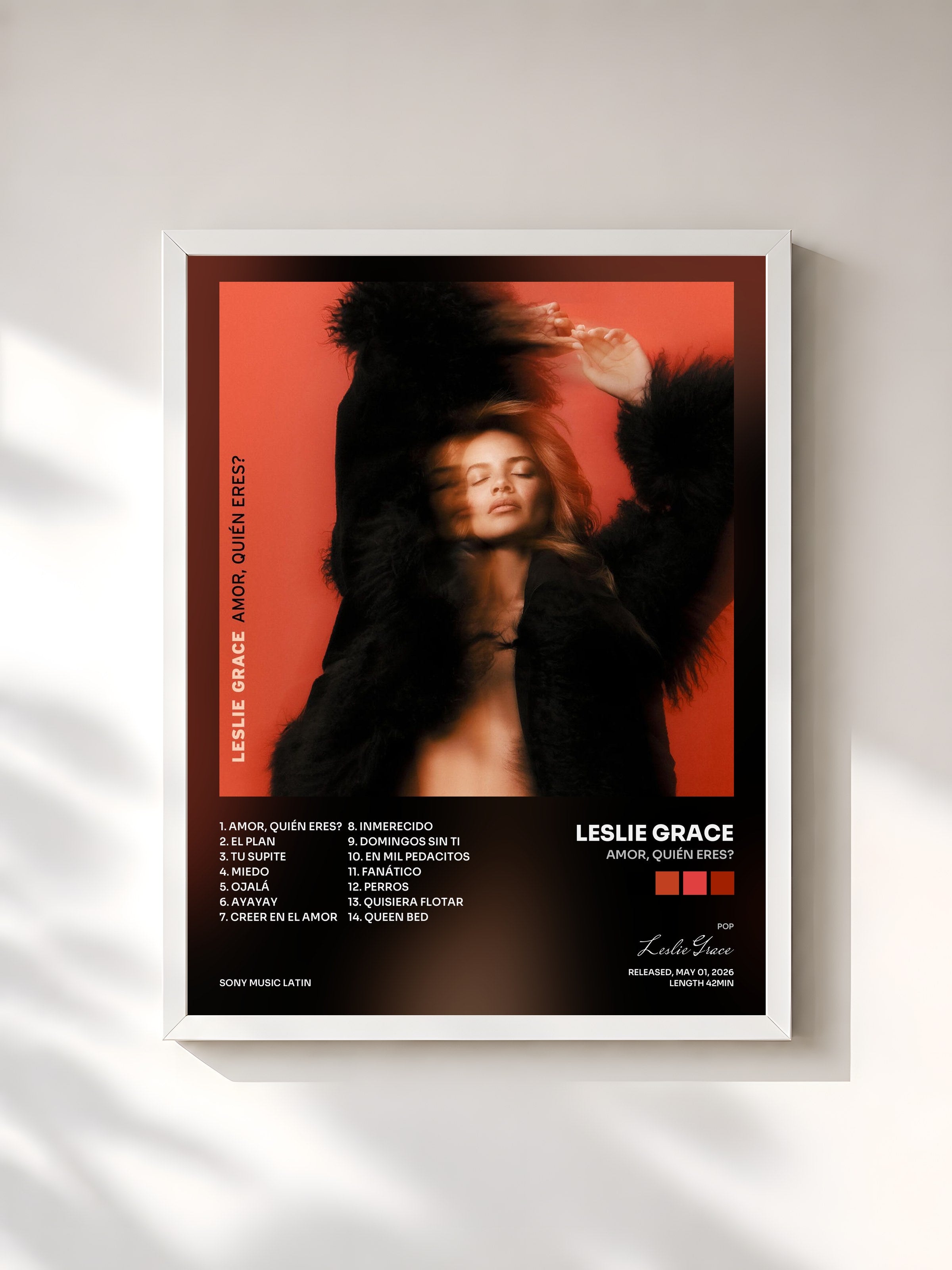 #blanc Tableau de l'album AMOR, QUIÉN ERES? de Leslie Grace, cadre blanc, imprimé et encadré en France
