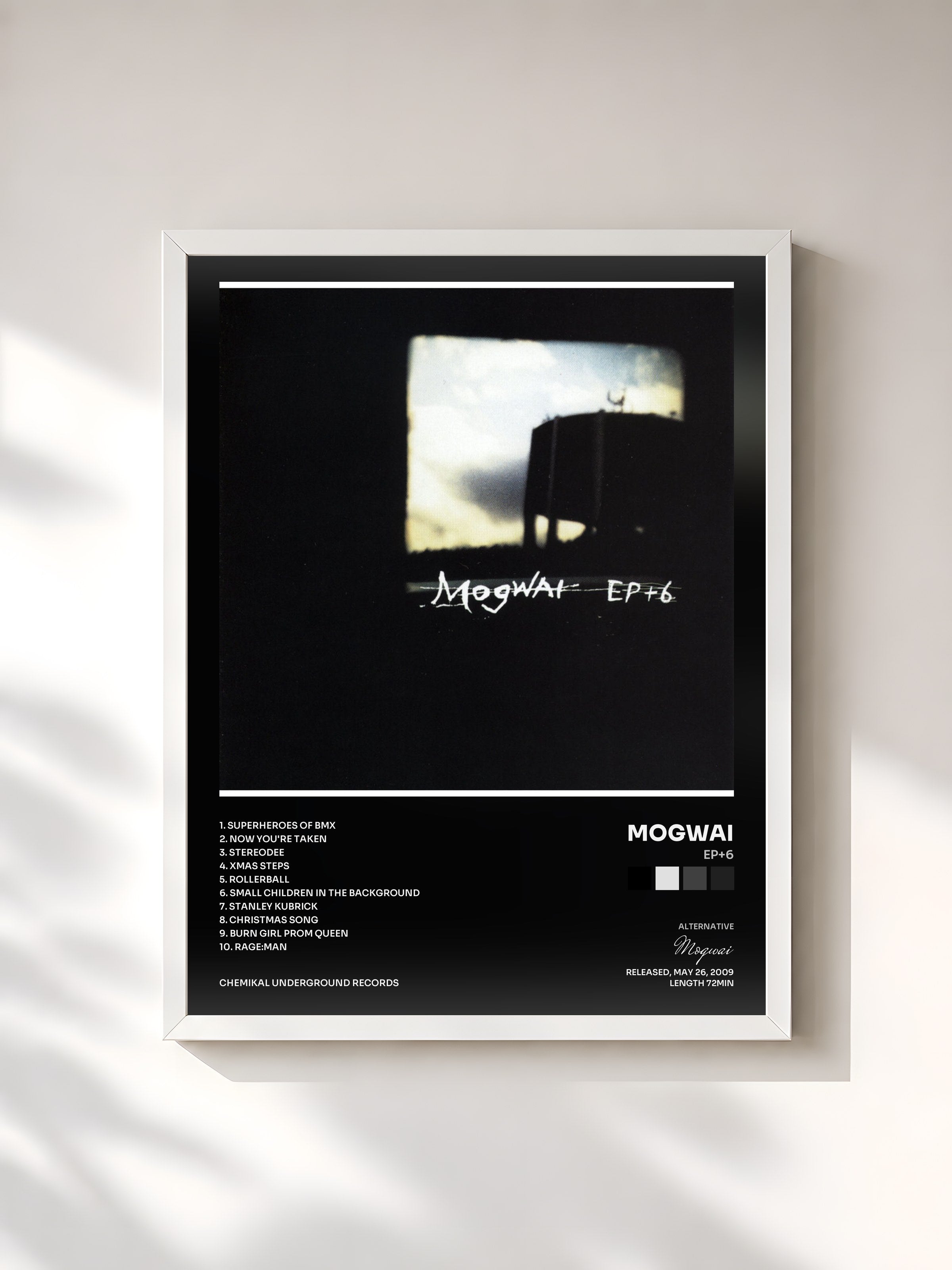 #blanc Tableau de l'album EP+6 de Mogwai, cadre blanc, imprimé et encadré en France
