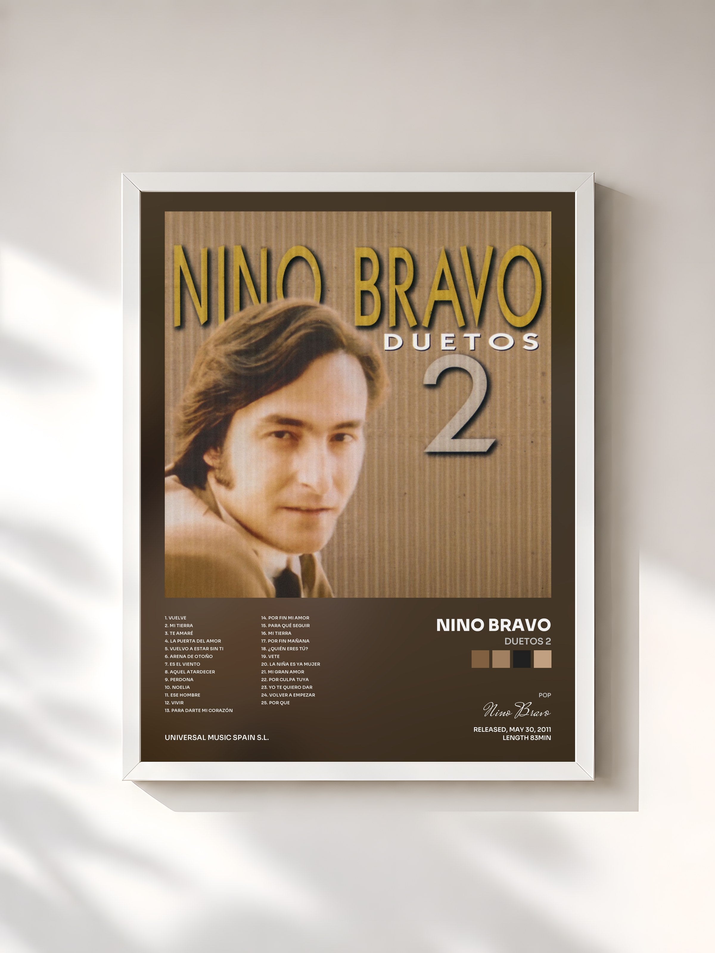 #blanc Tableau de l'album Duetos 2 de Nino Bravo, cadre blanc, imprimé et encadré en France
