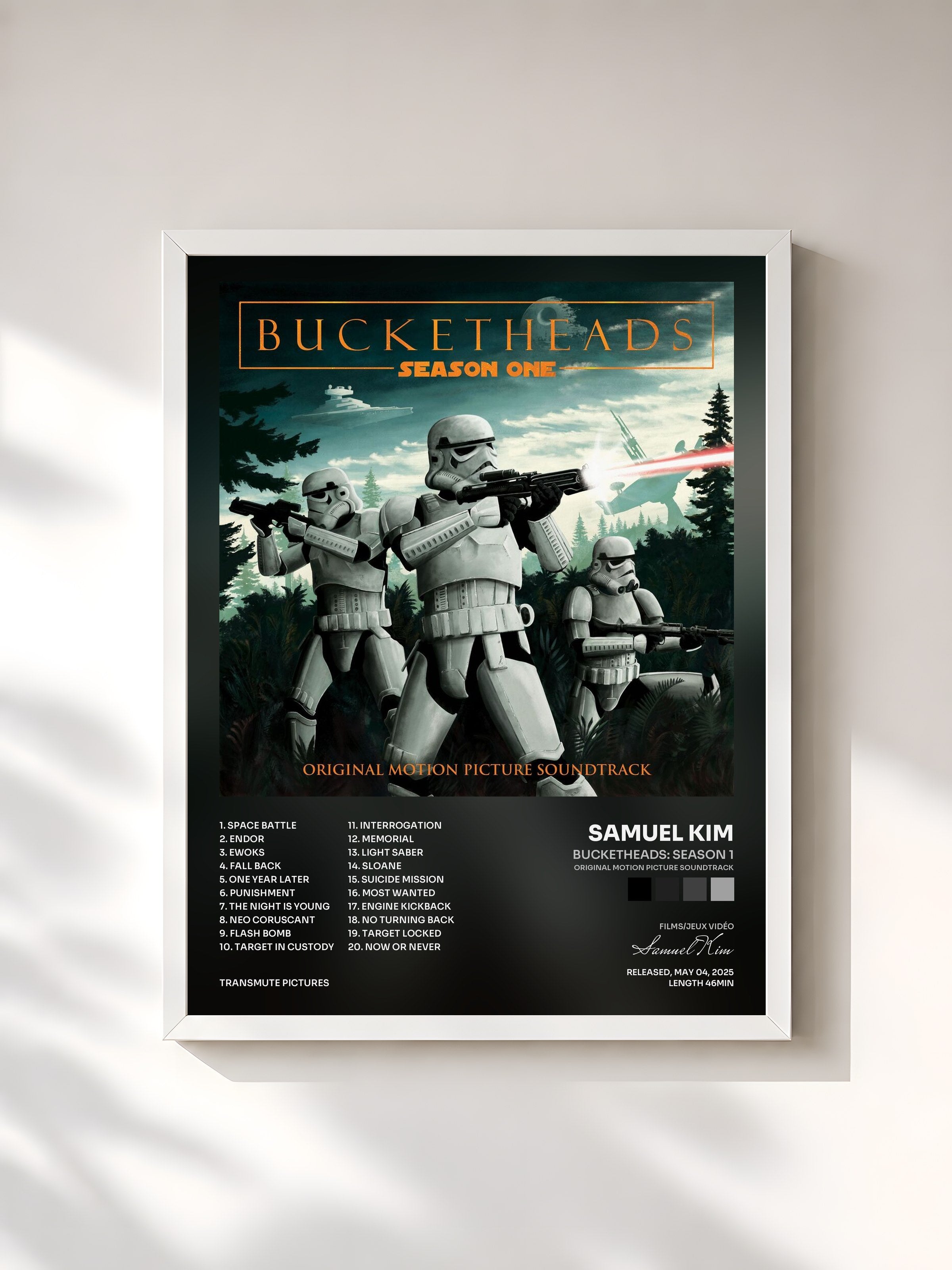 #blanc Tableau de l'album Bucketheads: Season 1 (Original Motion Picture Soundtrack) de Samuel Kim, cadre blanc, imprimé et encadré en France