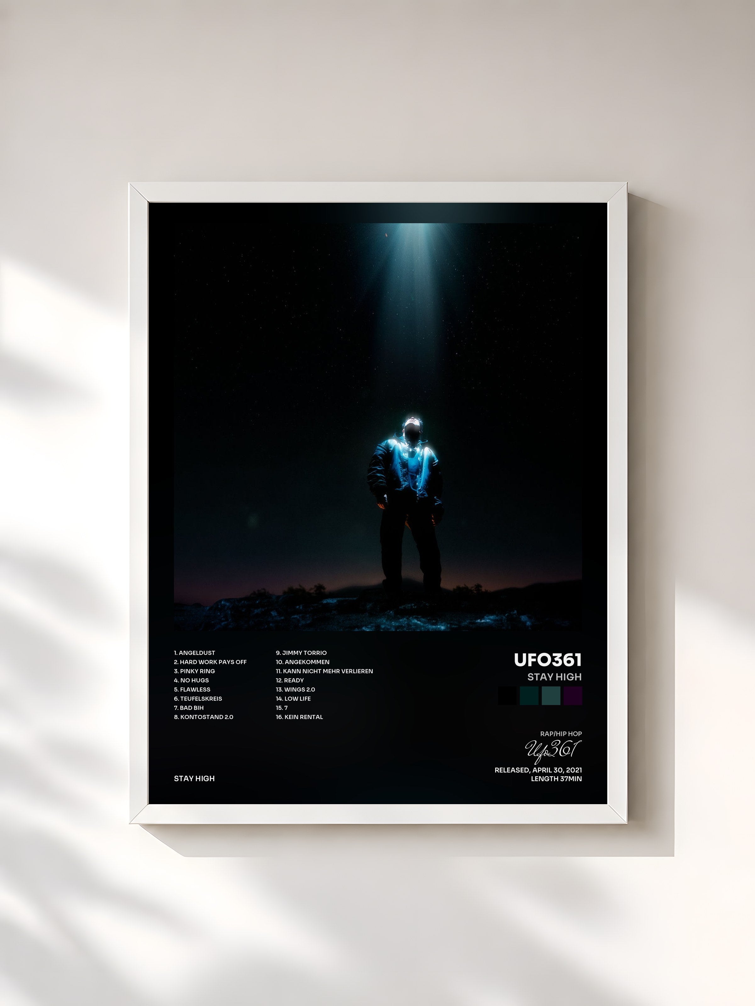#blanc Tableau de l'album STAY HIGH de Ufo361, cadre blanc, imprimé et encadré en France