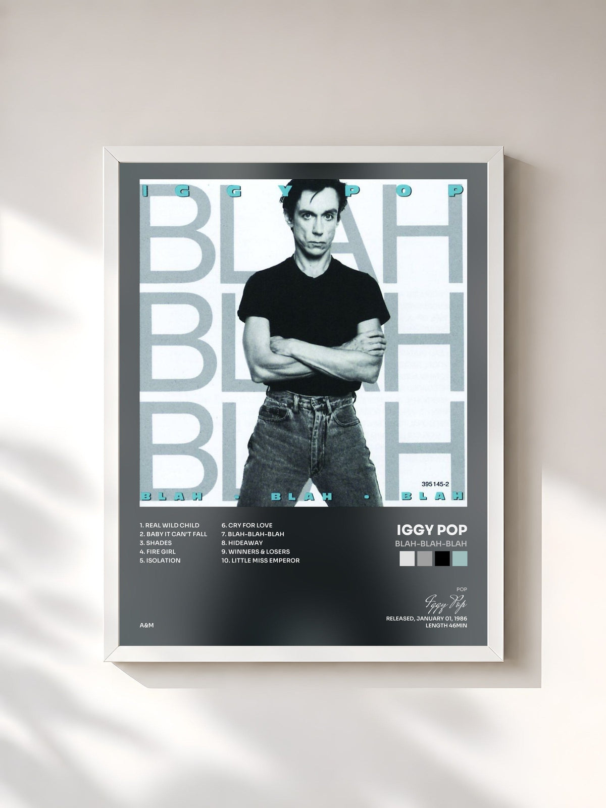 #blanc Tableau de l'album Blah-Blah-Blah de Iggy Pop, cadre blanc, imprimé et encadré en France
