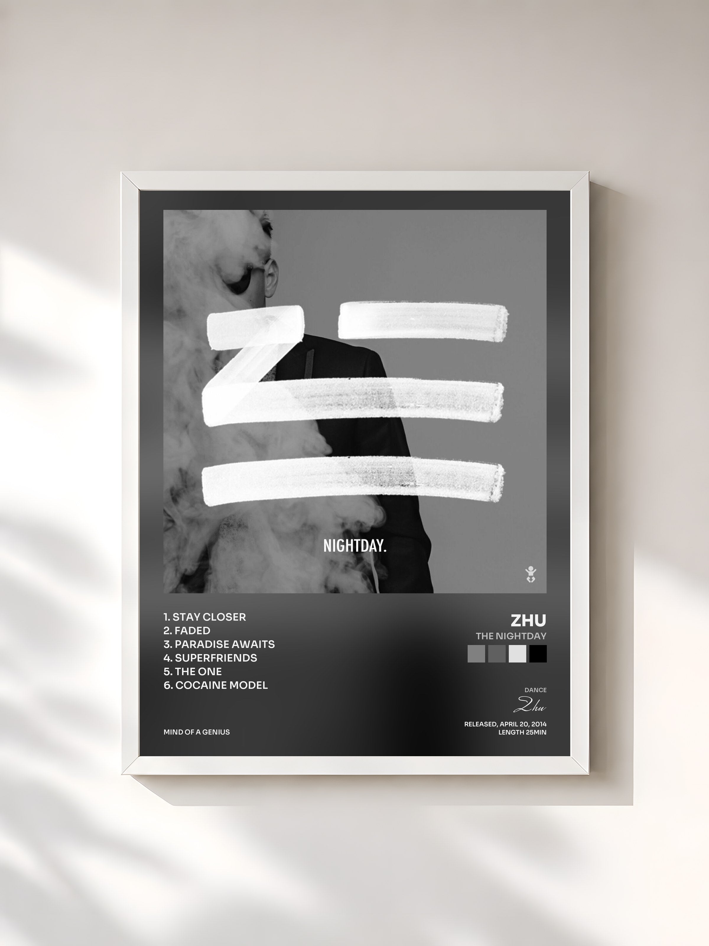 #blanc Tableau de l'album THE NIGHTDAY de Zhu, cadre blanc, imprimé et encadré en France