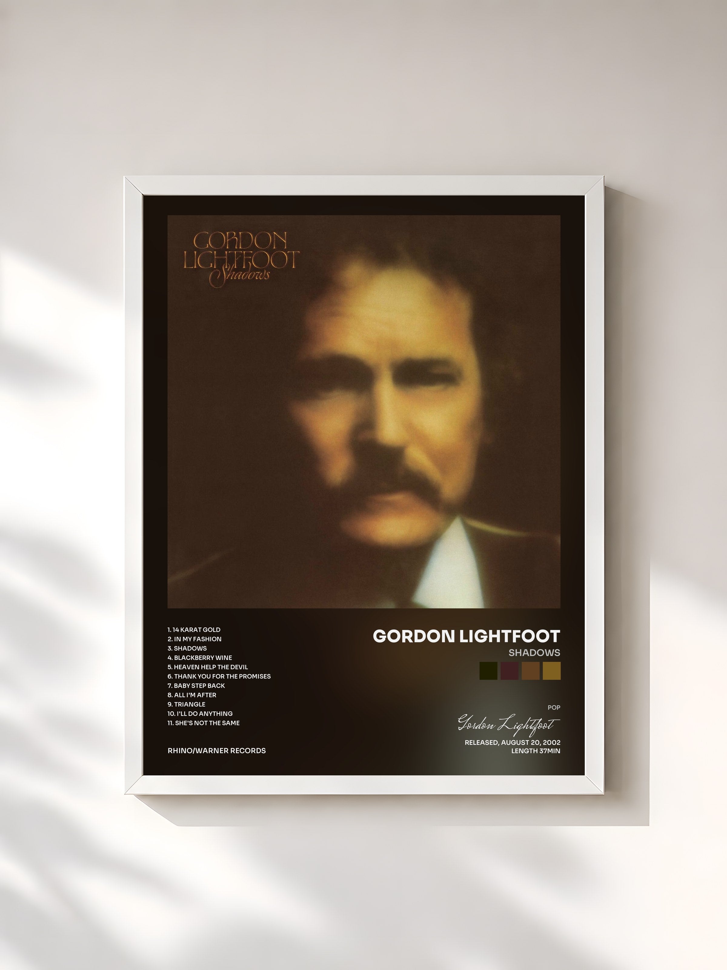#blanc Tableau de l'album Shadows de Gordon Lightfoot, cadre blanc, imprimé et encadré en France