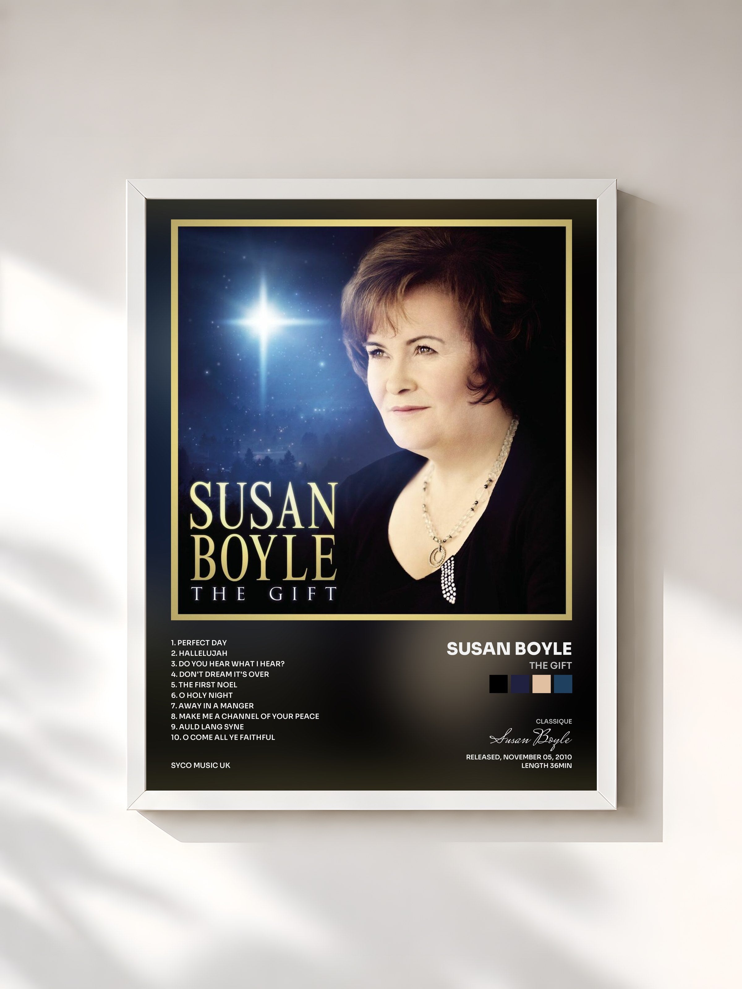 #blanc Tableau de l'album The Gift de Susan Boyle, cadre blanc, imprimé et encadré en France