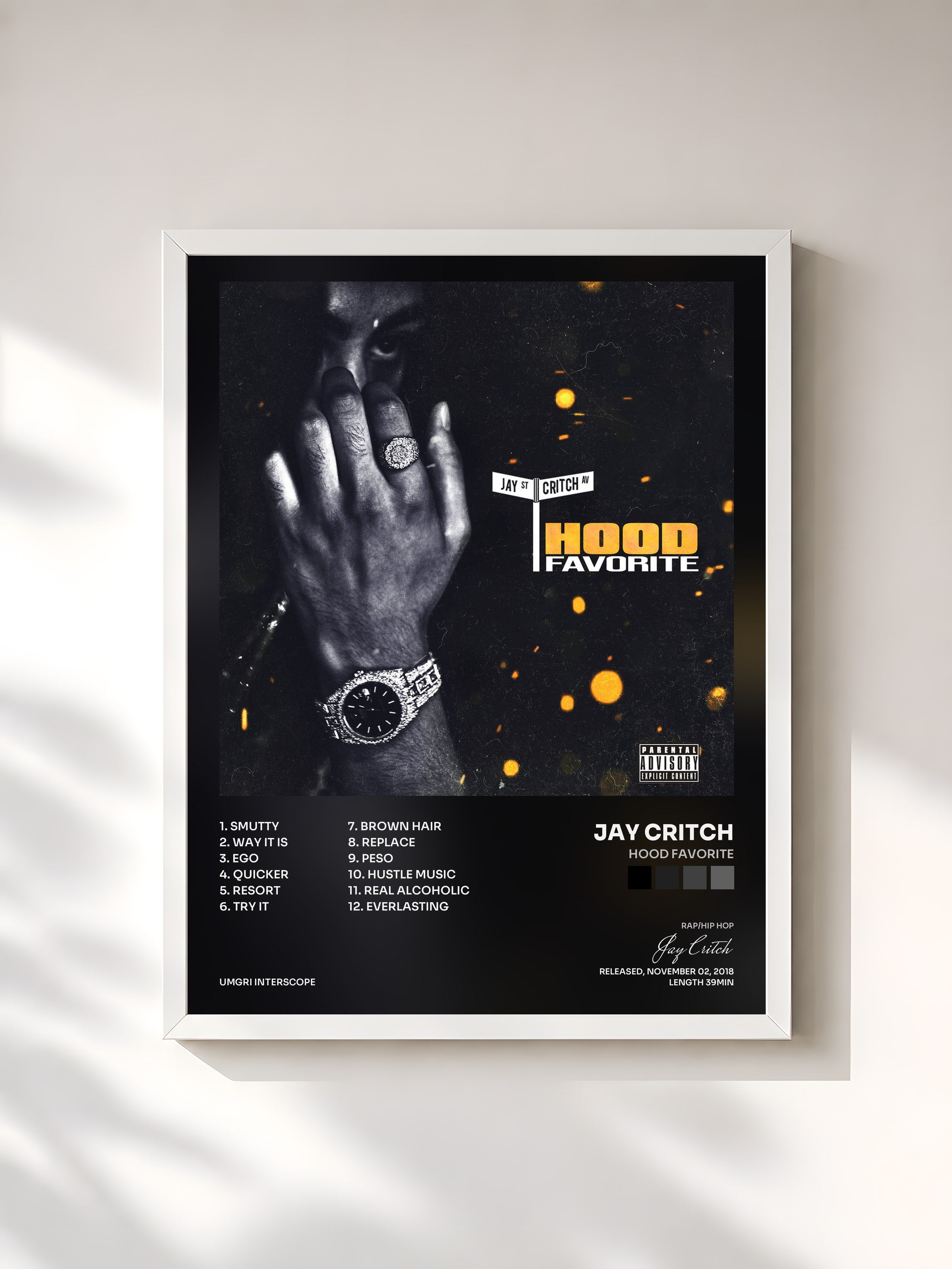 #blanc Tableau de l'album Hood Favorite de Jay Critch, cadre blanc, imprimé et encadré en France