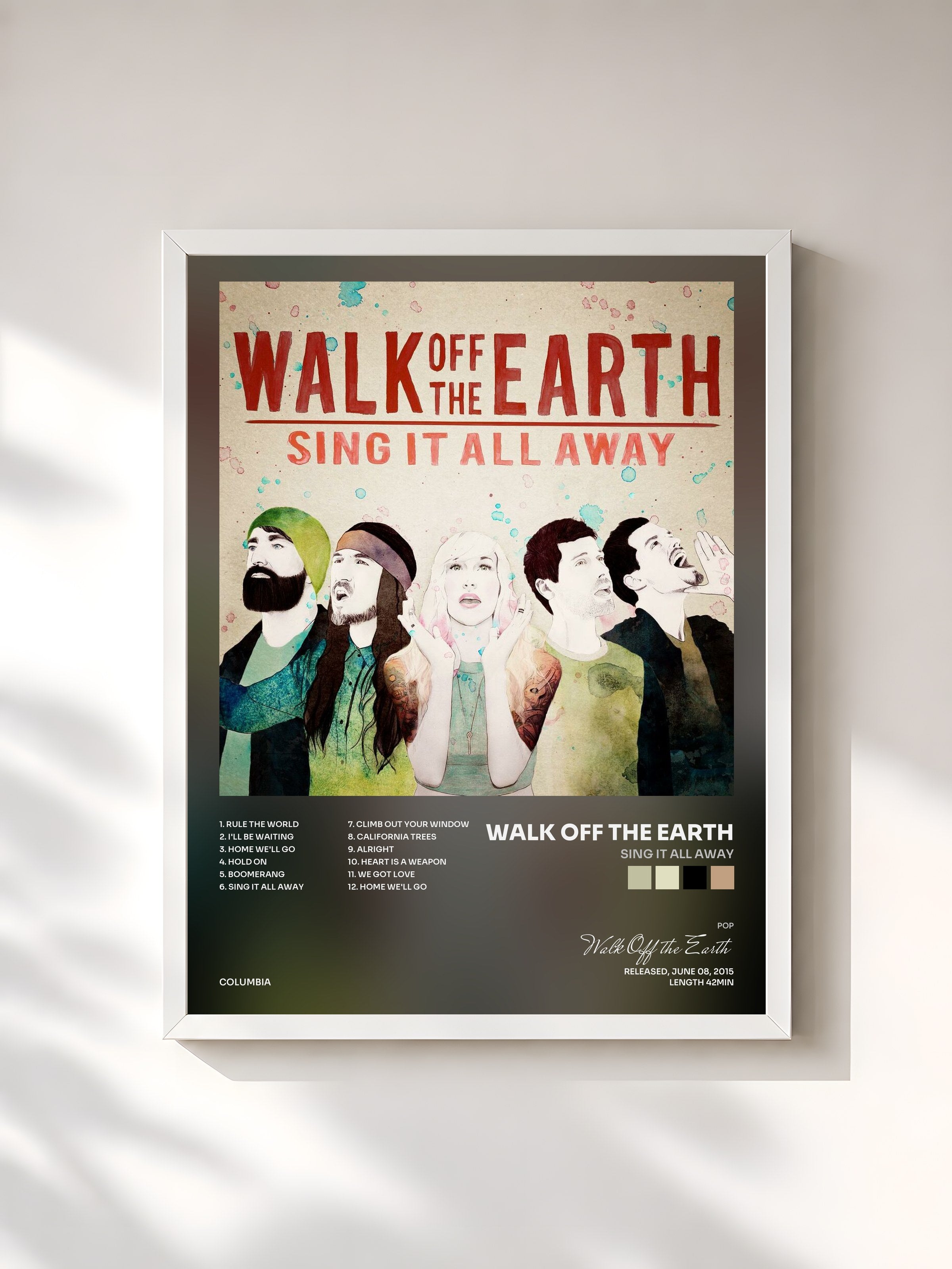 #blanc Tableau de l'album Sing It All Away de Walk Off the Earth, cadre blanc, imprimé et encadré en France