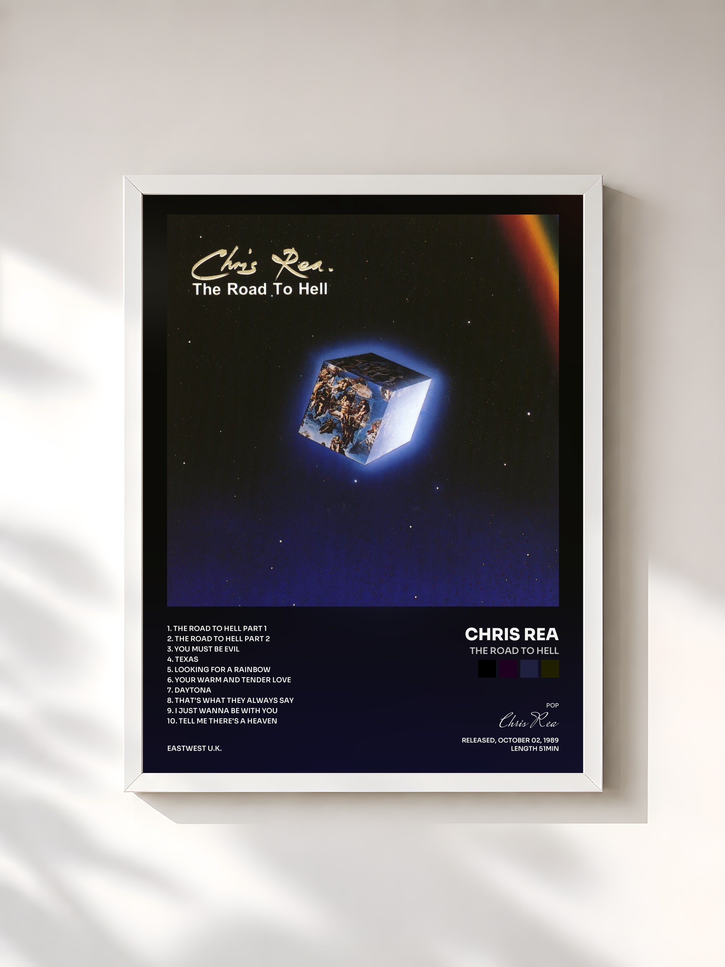 #blanc Tableau de l'album The Road to Hell de Chris Rea, cadre blanc, imprimé et encadré en France