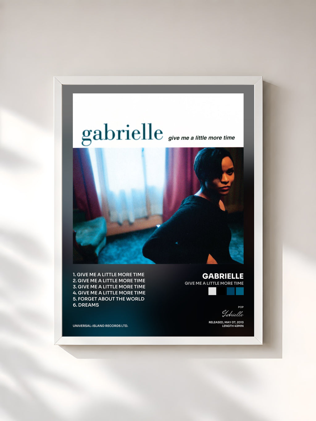 #blanc Tableau de l'album Give Me A Little More Time de Gabrielle, cadre blanc, imprimé et encadré en France