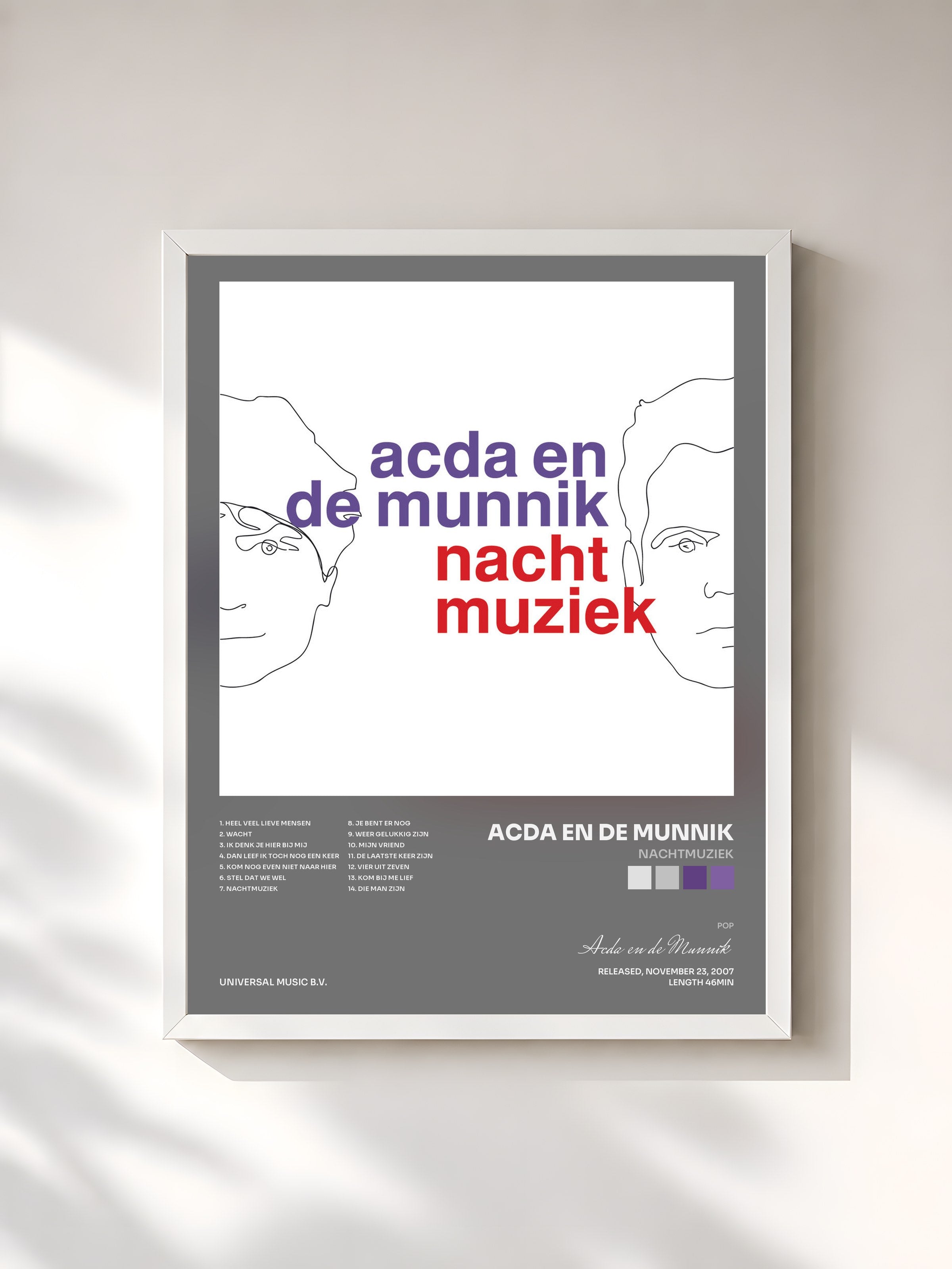 #blanc Tableau de l'album Nachtmuziek de Acda en de Munnik, cadre blanc, imprimé et encadré en France