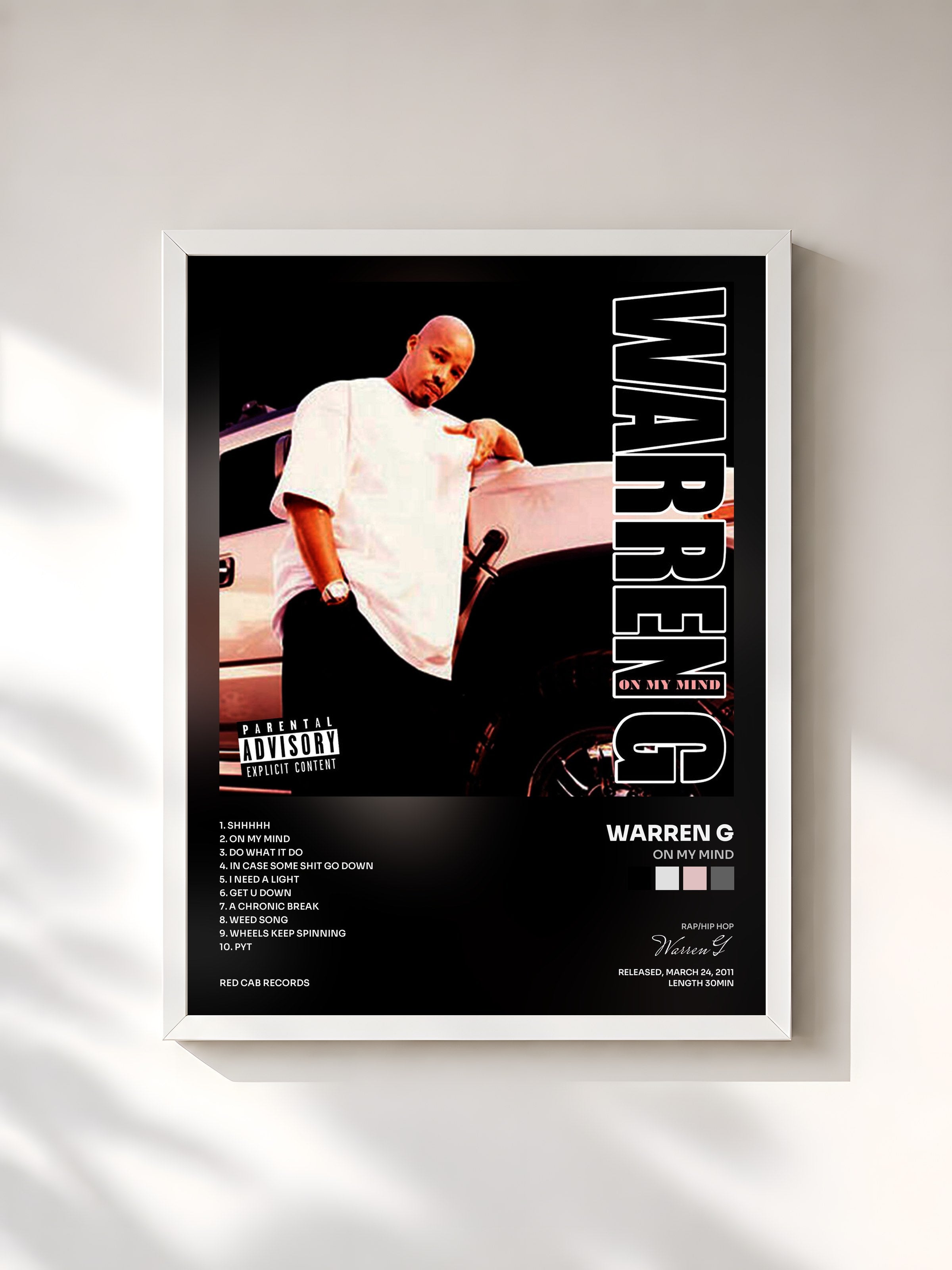 #blanc Tableau de l'album On My Mind de Warren G, cadre blanc, imprimé et encadré en France