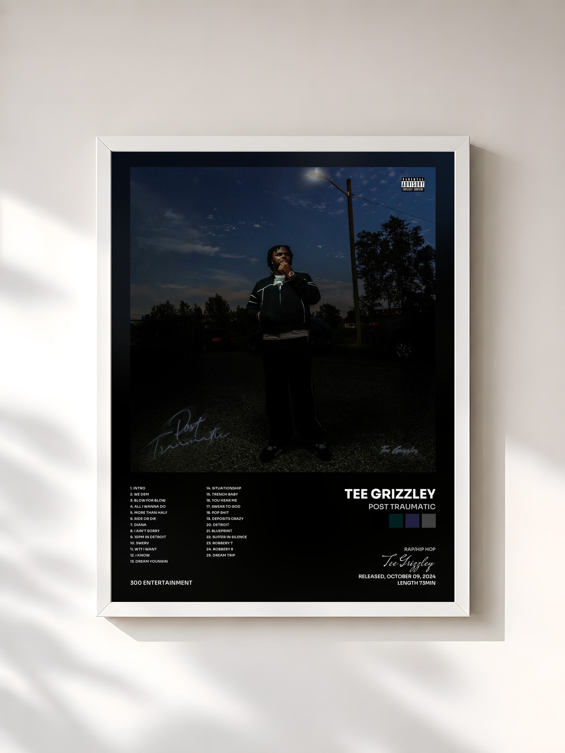 #blanc Tableau de l'album Post Traumatic de Tee Grizzley, cadre blanc, imprimé et encadré en France