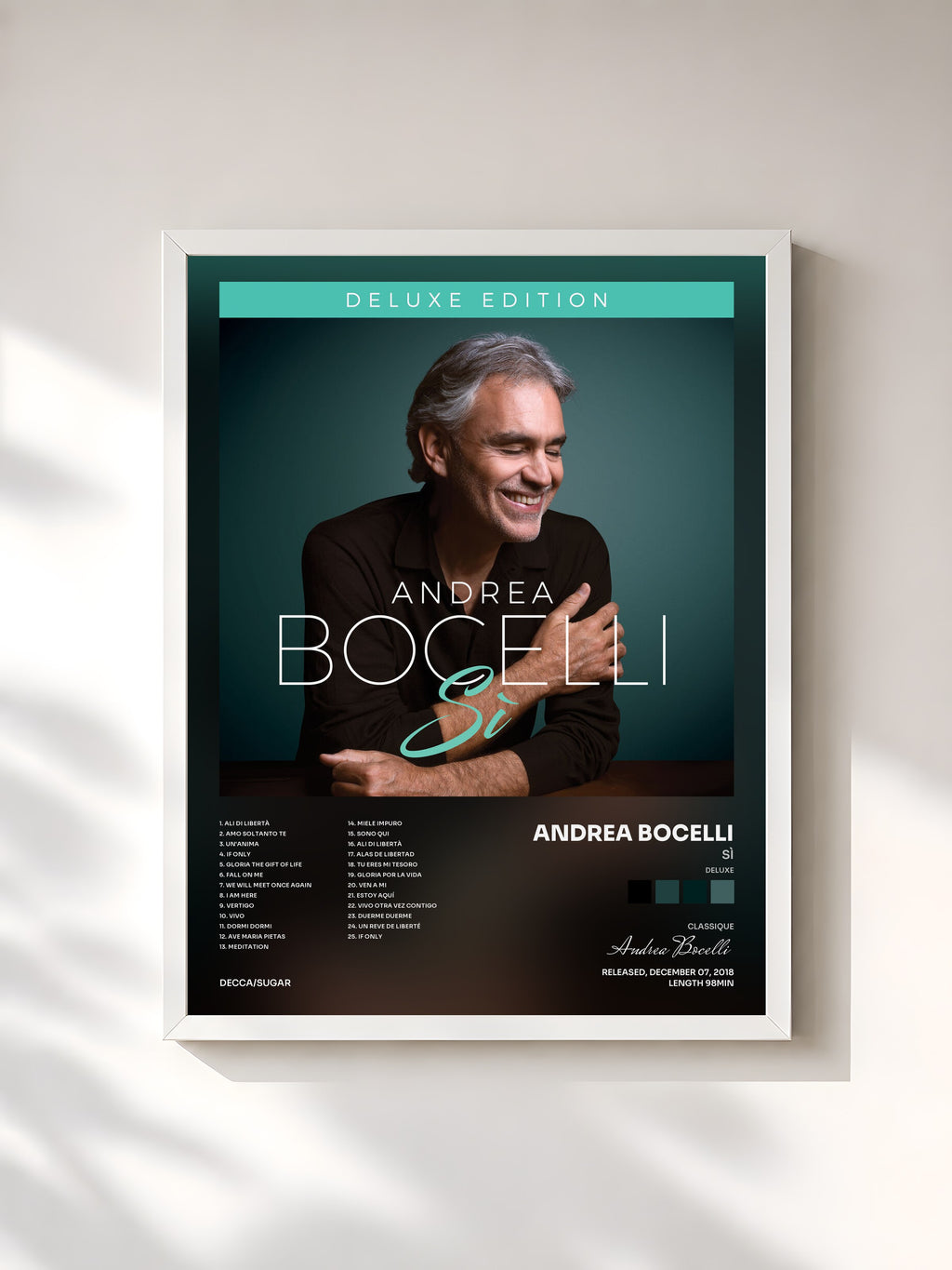 #blanc Tableau de l'album Sì (Deluxe) de Andrea Bocelli, cadre blanc, imprimé et encadré en France