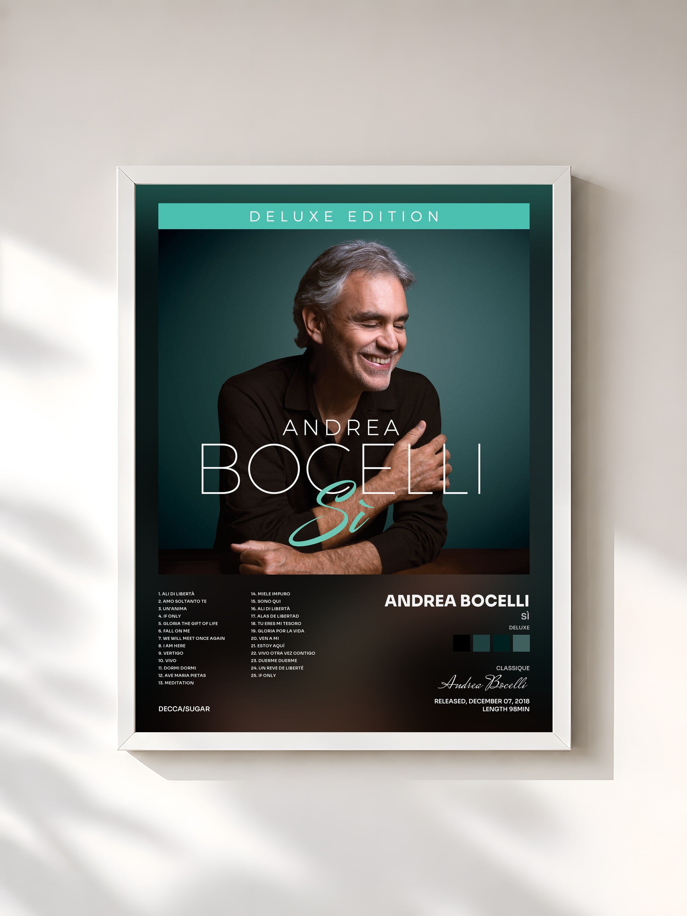 #blanc Tableau de l'album Sì (Deluxe) de Andrea Bocelli, cadre blanc, imprimé et encadré en France